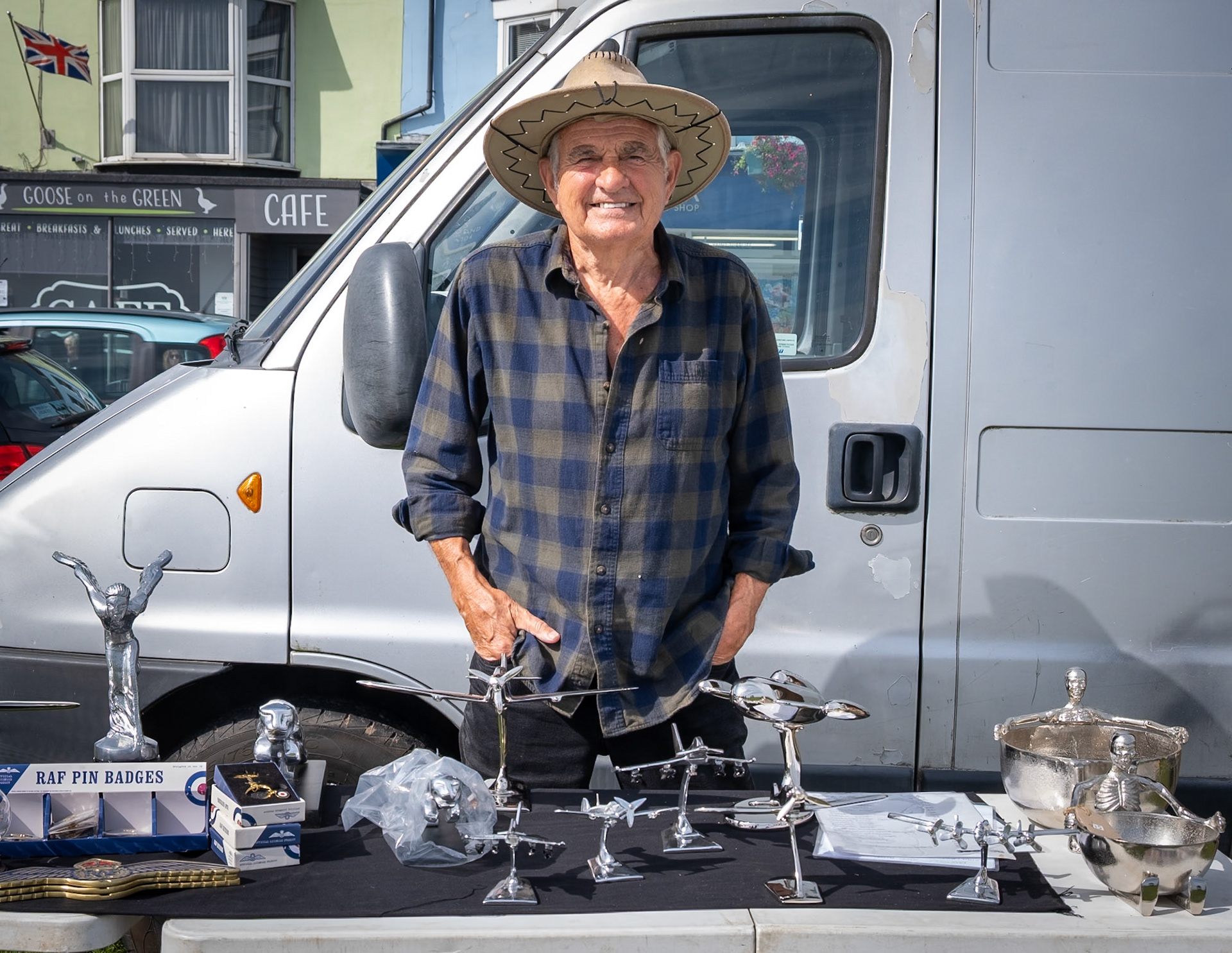 Colin, from Sandwich, a transport enthusiast and maker of aluminium statuettes. Walmer Bus Display, Walmer Green, 6th September, 2025.