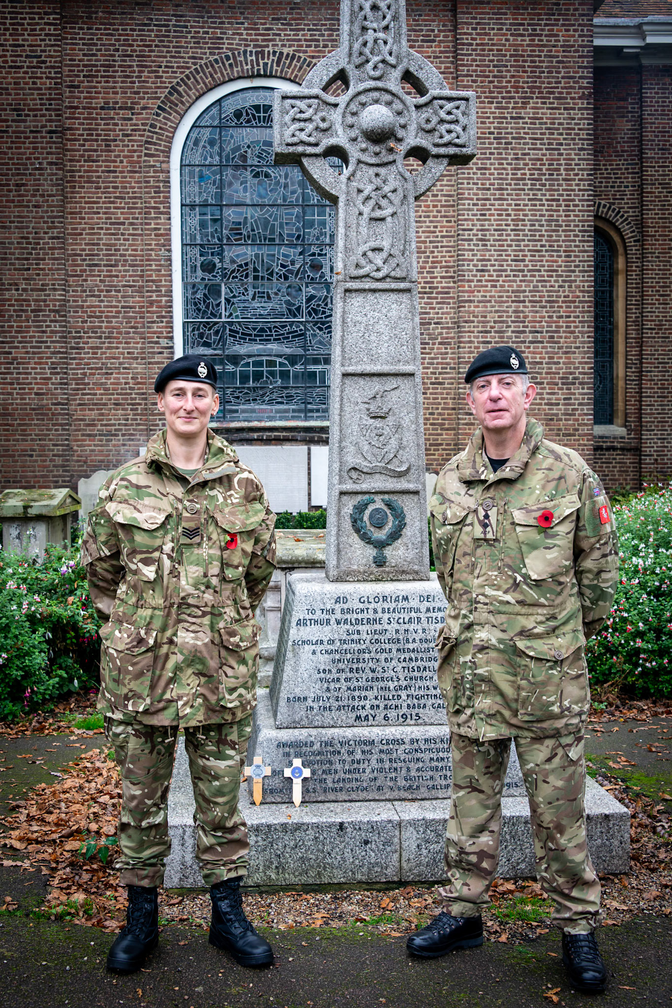 Chris and Paul, giving their time, supported by several other under 18 volunteers of the Army Cadet Force, out of camera, selling poppies outside St George's Churchyard. 26th October, 2024.
