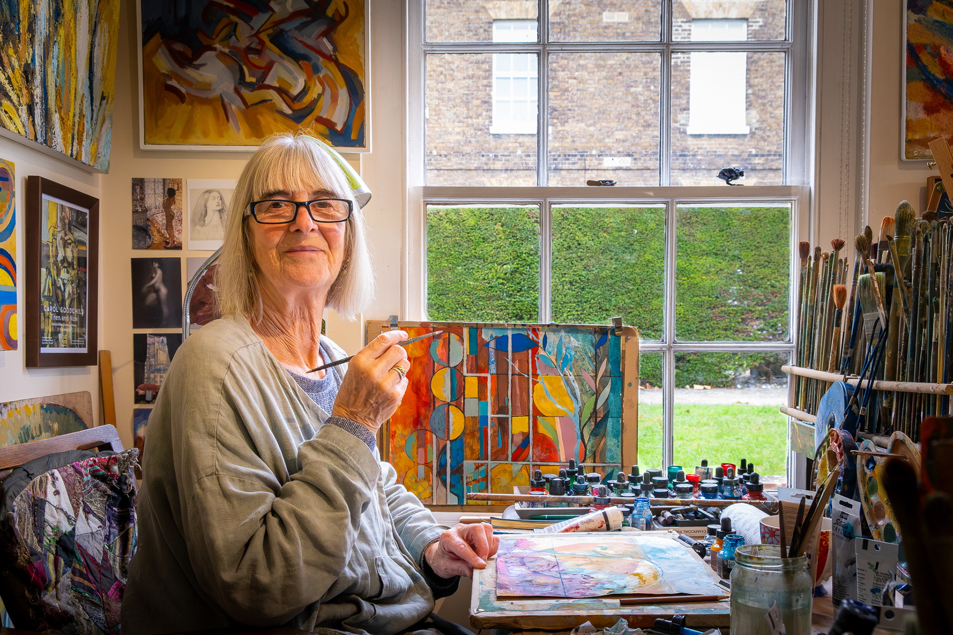 Carol Goodchild at East Kent Open Houses, Admiralty Mews, The Strand, Walmer, 11th October, 2025. Carol is a prolific artist and her lovely studio and gallery is absolutely full of watercolours, oil paintings and mixed media artworks. She is inspired by the sea, landscape, architecture, natural forms and fantasy.