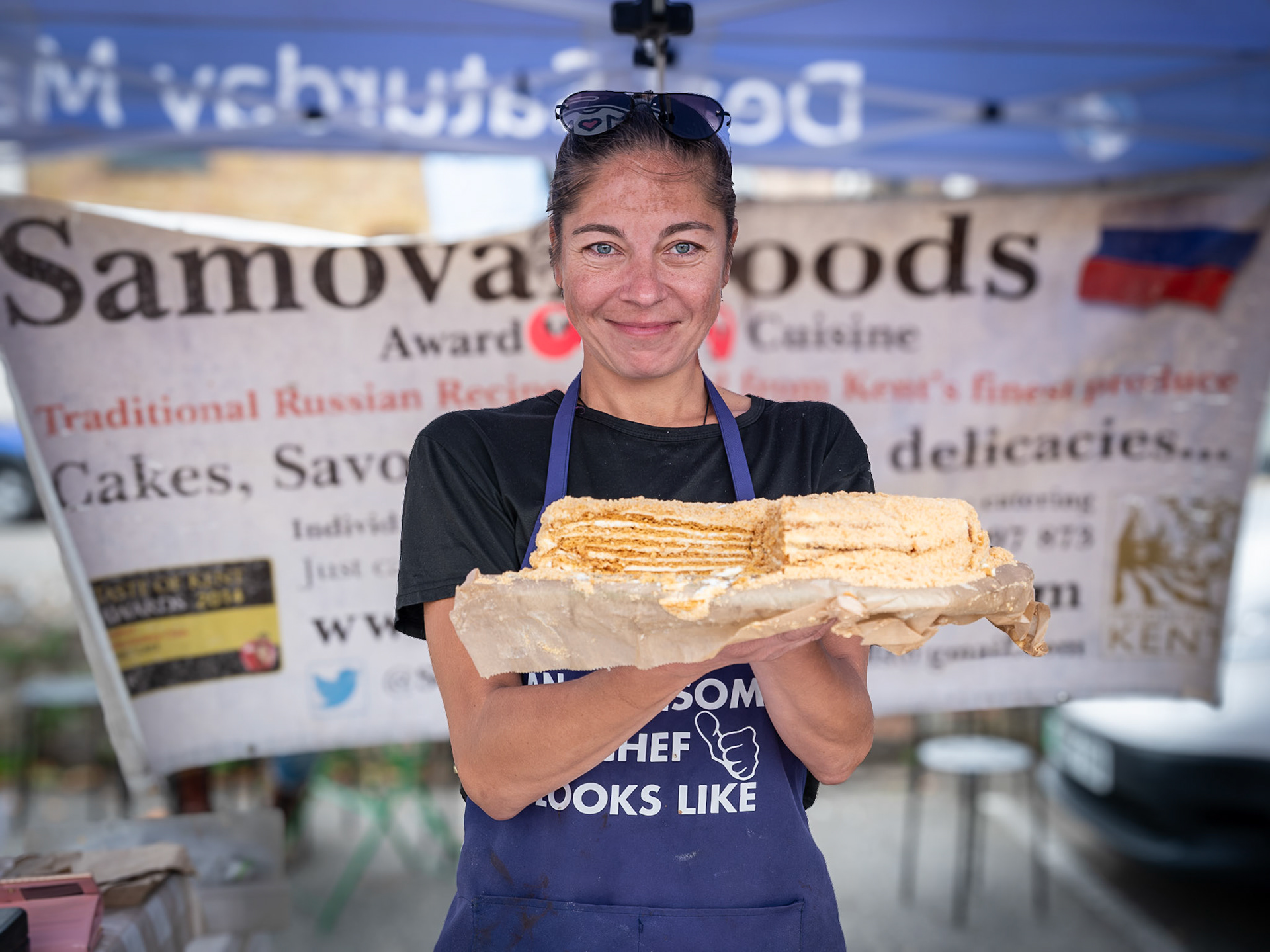 This is what an awsome chef looks like.  Jenga (Yevgenia Levytska-Swinyard) who runs the local business, Samovar Foods. Delicious, award winning Russian, Ukrainian and Eastern European cuisine. Sweet and savoury recipes from all of the former Soviet Union countries. Deal Market, 12th September, 2026. 
