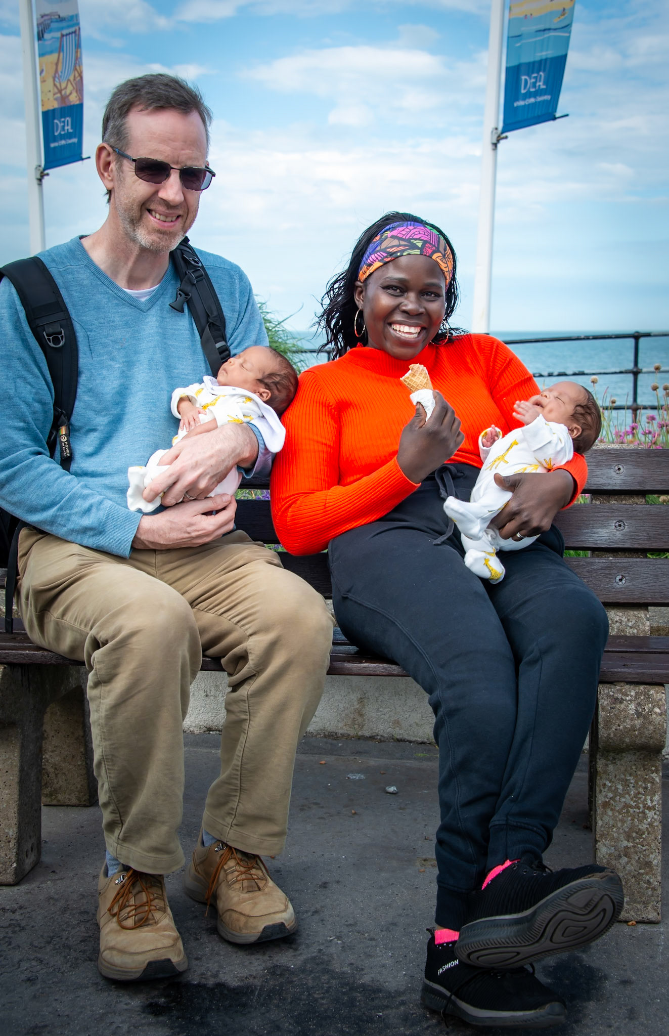 Martin and Lillian visiting from Canterbury with their 4 week old twins, Caleb and Cornelius. Pier approach, 22nd June, 2024.