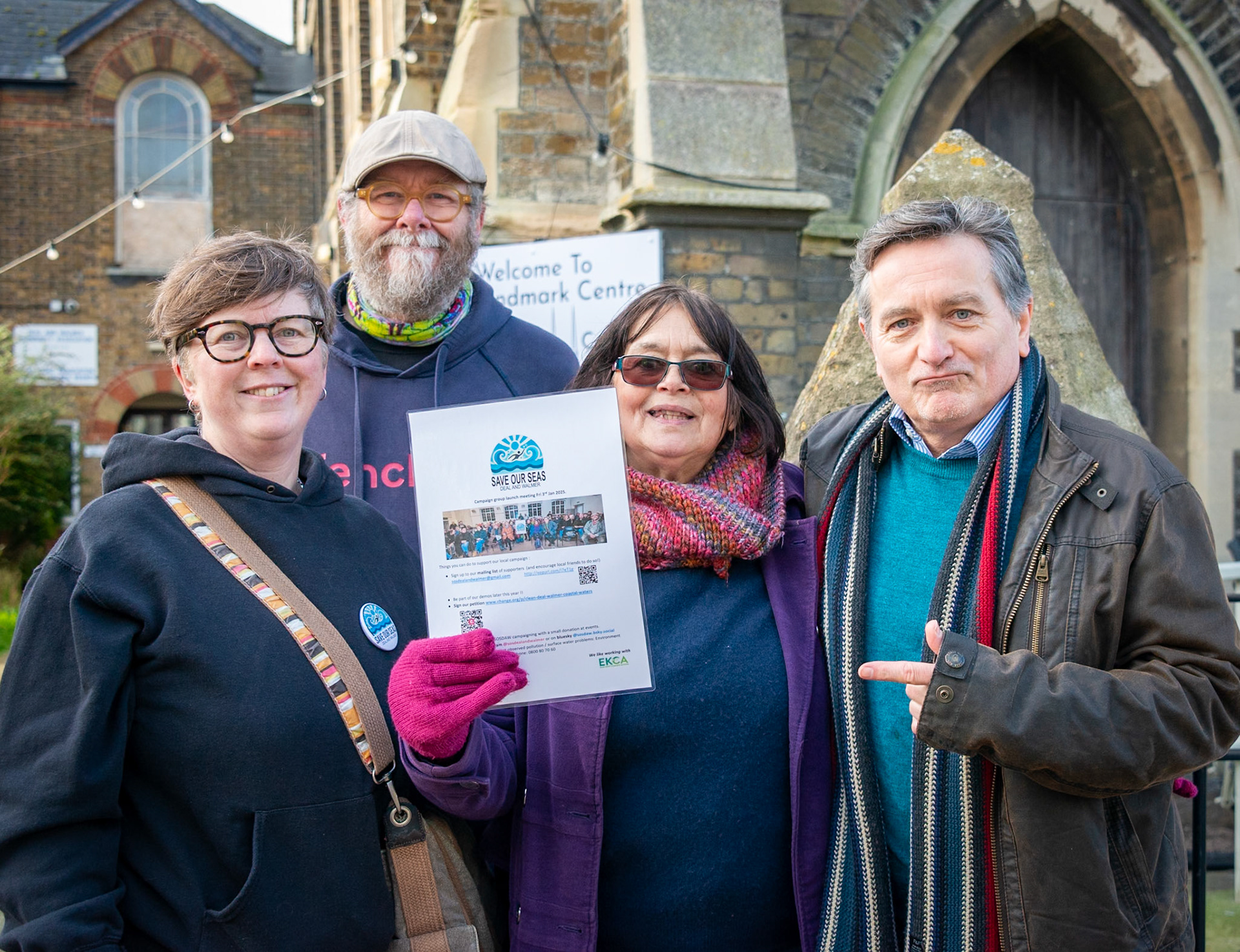 Volunteers from the local campaign Group Save Our Seas, raising a petition to challenge the despicable failures of the Water Authority to protect the quality of our coastal waters. Landmark Centre, Deal High Street, 25th January, 2025. 