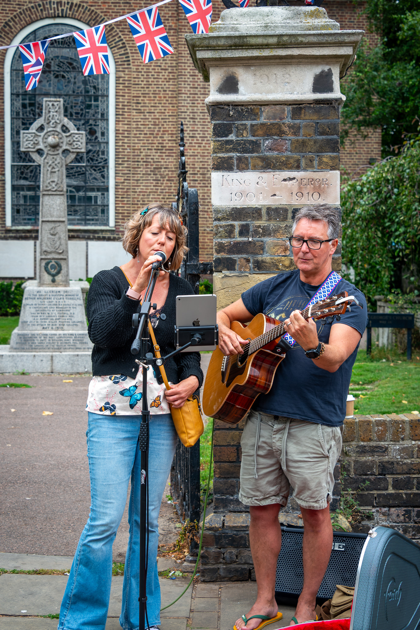 Charline Primrose and Nick Holbrook-Sutcliffe performing outside St George's Church, 16th August, 2025. Charline is a teacher and a vocal coach. Nick is Chief Education Officer at EKC Group (East Kent College). 