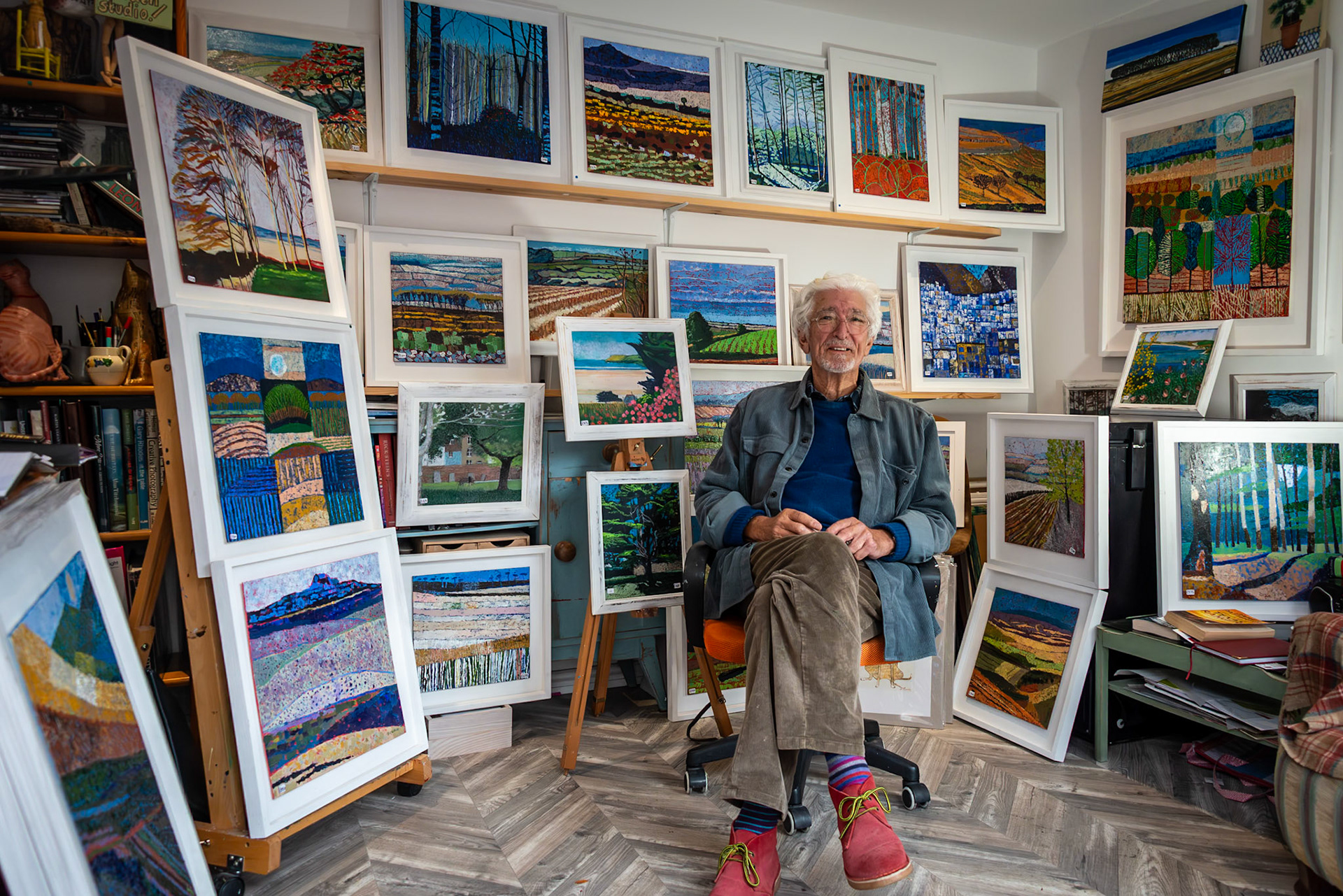 Brian Bussell, painter, exhibiting his colourful and graphic landscapes at the East Kent Artists Open Houses, 26th October, 2024.