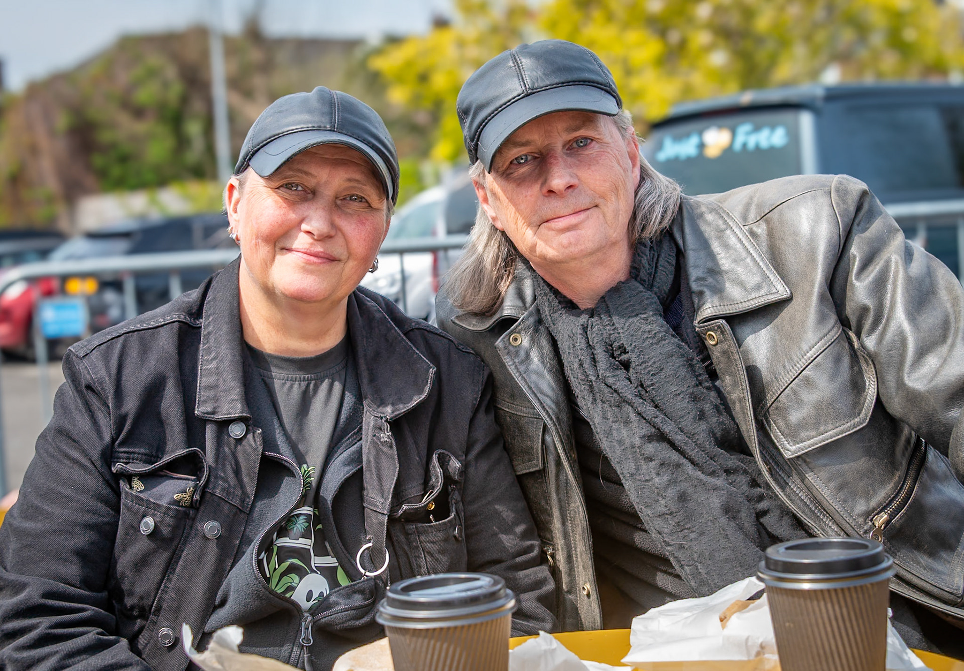 Michelle, a lorry driver, and Doug, an engineer. Hog on the Run coffee and snack bar, Deal Market, 25th, April, 2025. 