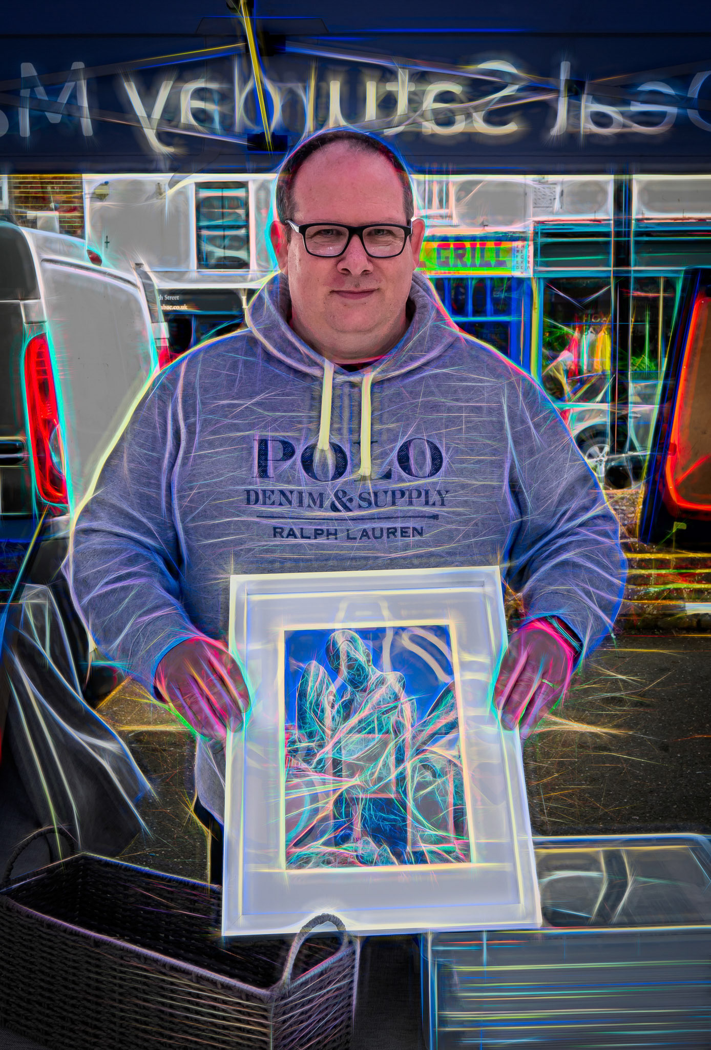 Simon, a photographer and trader at his stall in Deal Market, 30th March, 2024. Simon creates and sells interesting photographic images using the neon filters in Topaz software. It seemed appropriate to display him in his signature genre.