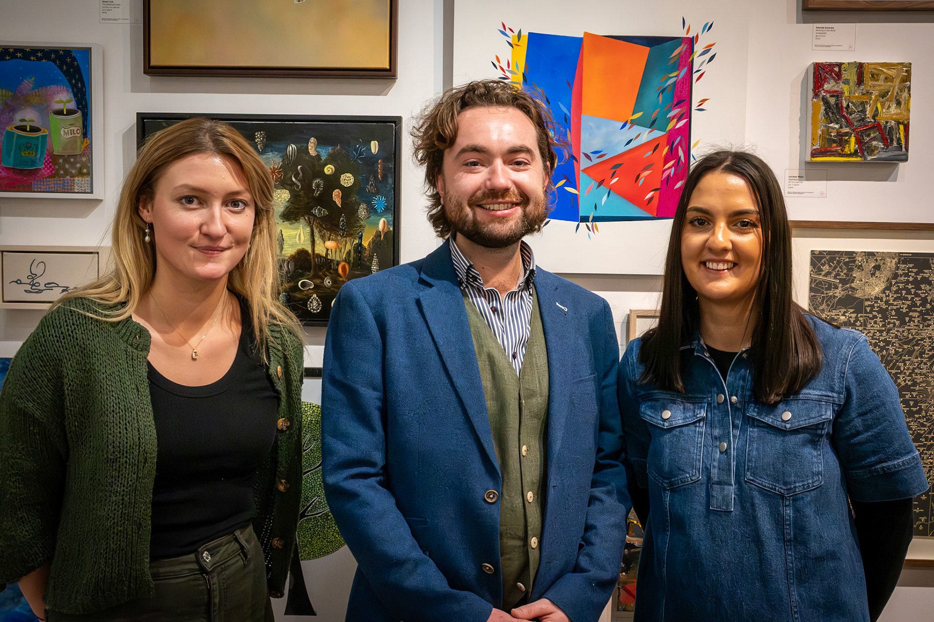 Sophie and Rosie with Miles Corley at the Private Viewing and Launch of the Winter Group Show 2025-26 at the Linden Hall Studio. Miles is Manager and Proprietor. https://www.lindenhallstudio.com