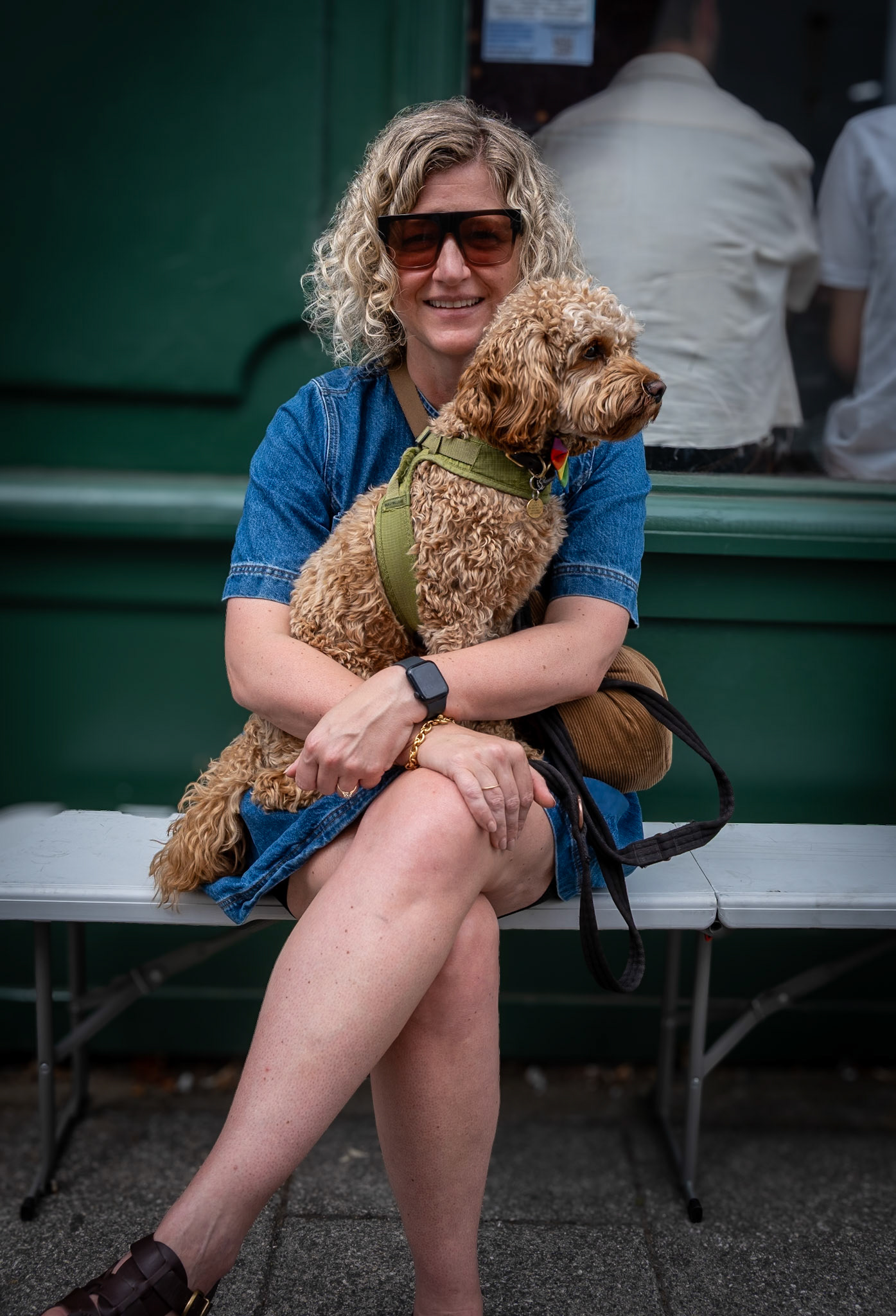 Gill who works in retailing and her dog Albi. Smugglers Records, King Street, 12th July, 2025.