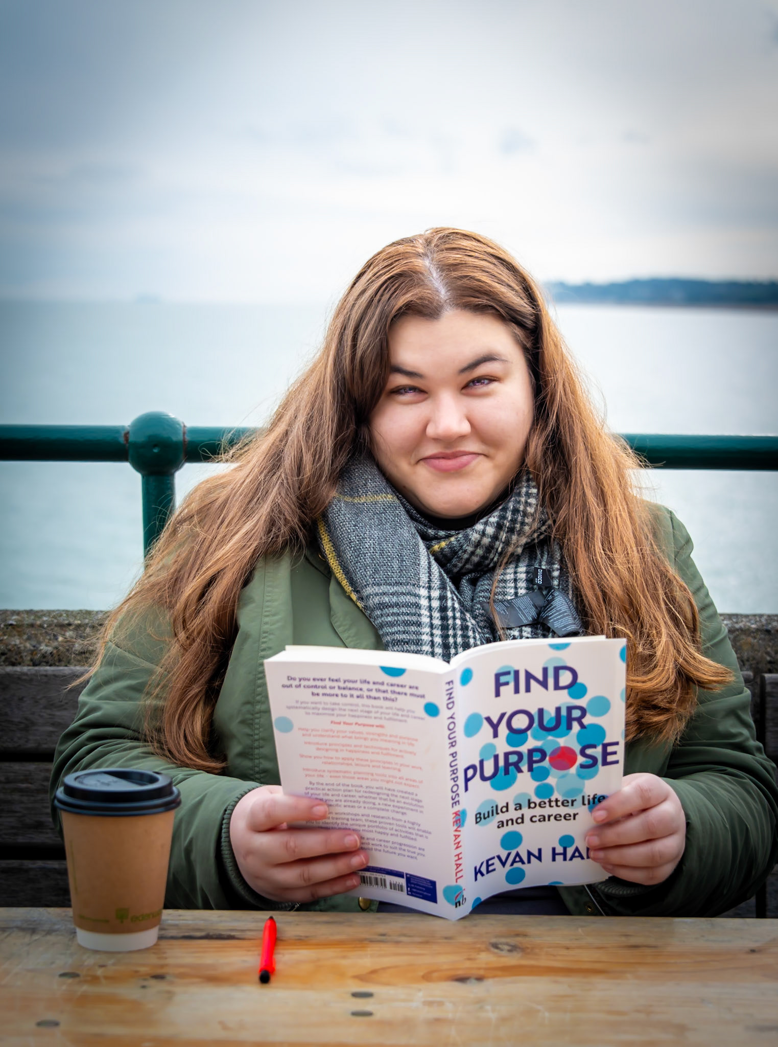 Lea, originally from Stuttgart, now working in London and visiting Deal. Lea was using the outdoor café at Deal Pier for her own instruction. We had an interesting conversation over coffee about self help books and coaching. 3rd March, 2024.