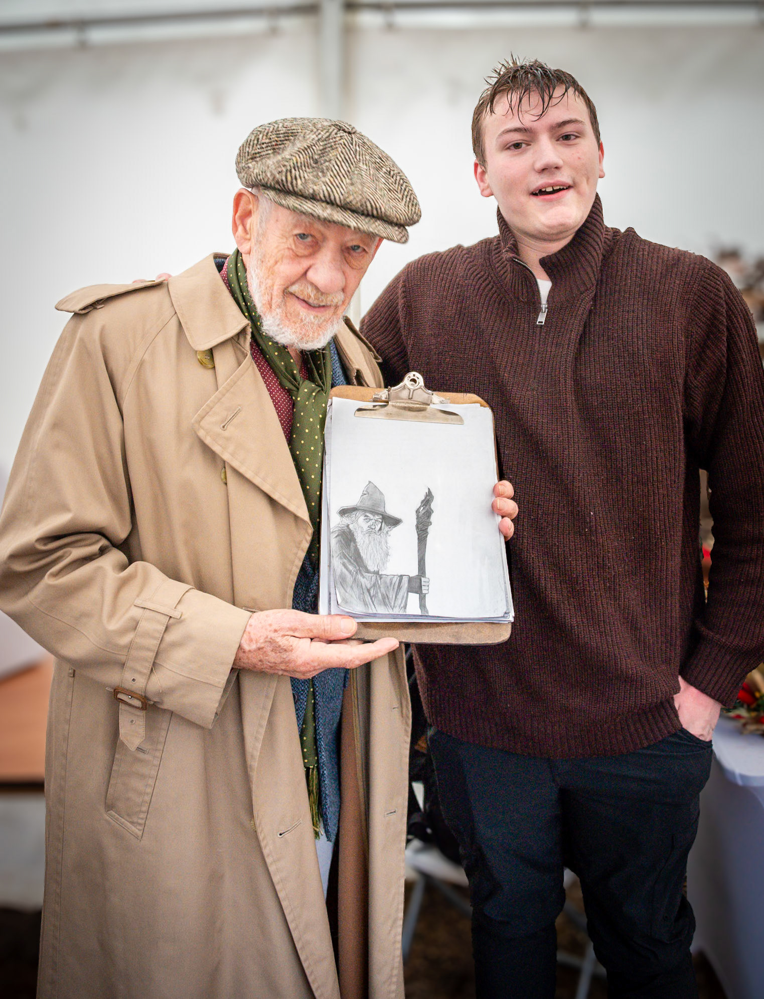 Sir Ian McKellen with Ethan Colborn at the Frost Fair. Ethan had brought a sketch that he made of Sir Ian playing Gandalf in the Film of the Lord of the Rings.