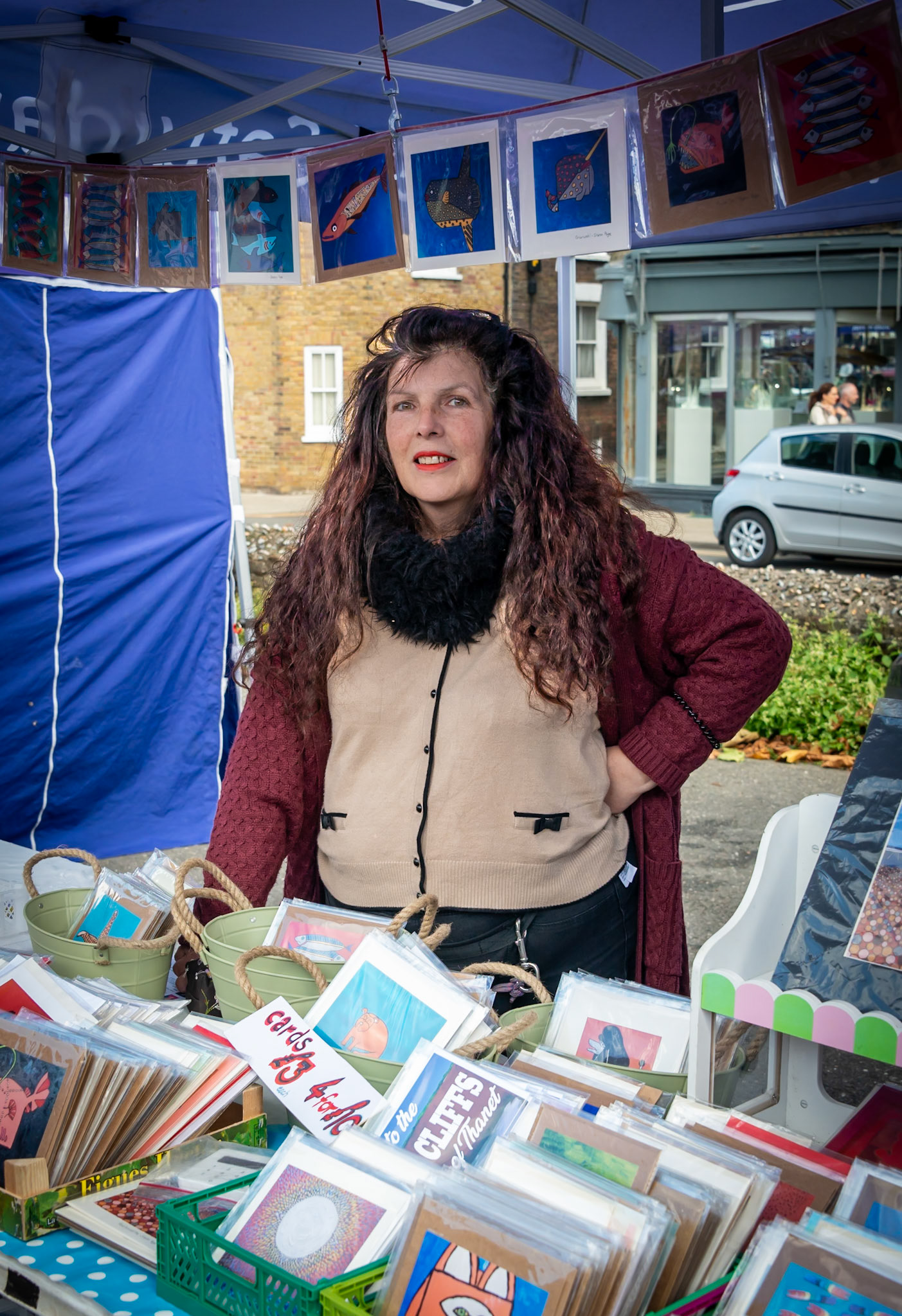 Sharon selling her artwork at Deal Market, 28th September, 2024. Sharon told me that she gets up every morning, makes coffee and creates a picture or other artwork.