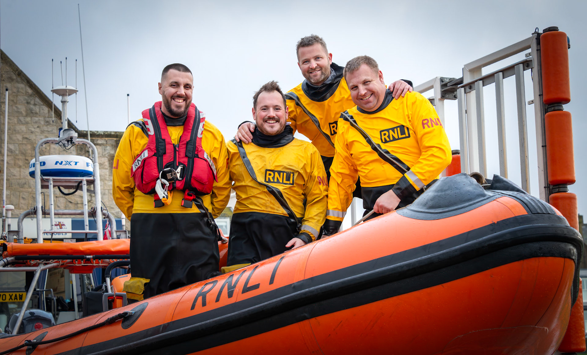 Four of our heroic RNLI crew - Lee, James, Ed and Max - recovering the boat and cleaning up after the Walmer Station Sunday morning training session. RNLI Lifeboat Station, The Strand, Walmer, 10th February, 2024. The RNLI is a charity. To make a donation visit: https://rnli.org/support-us/give-money/donate 