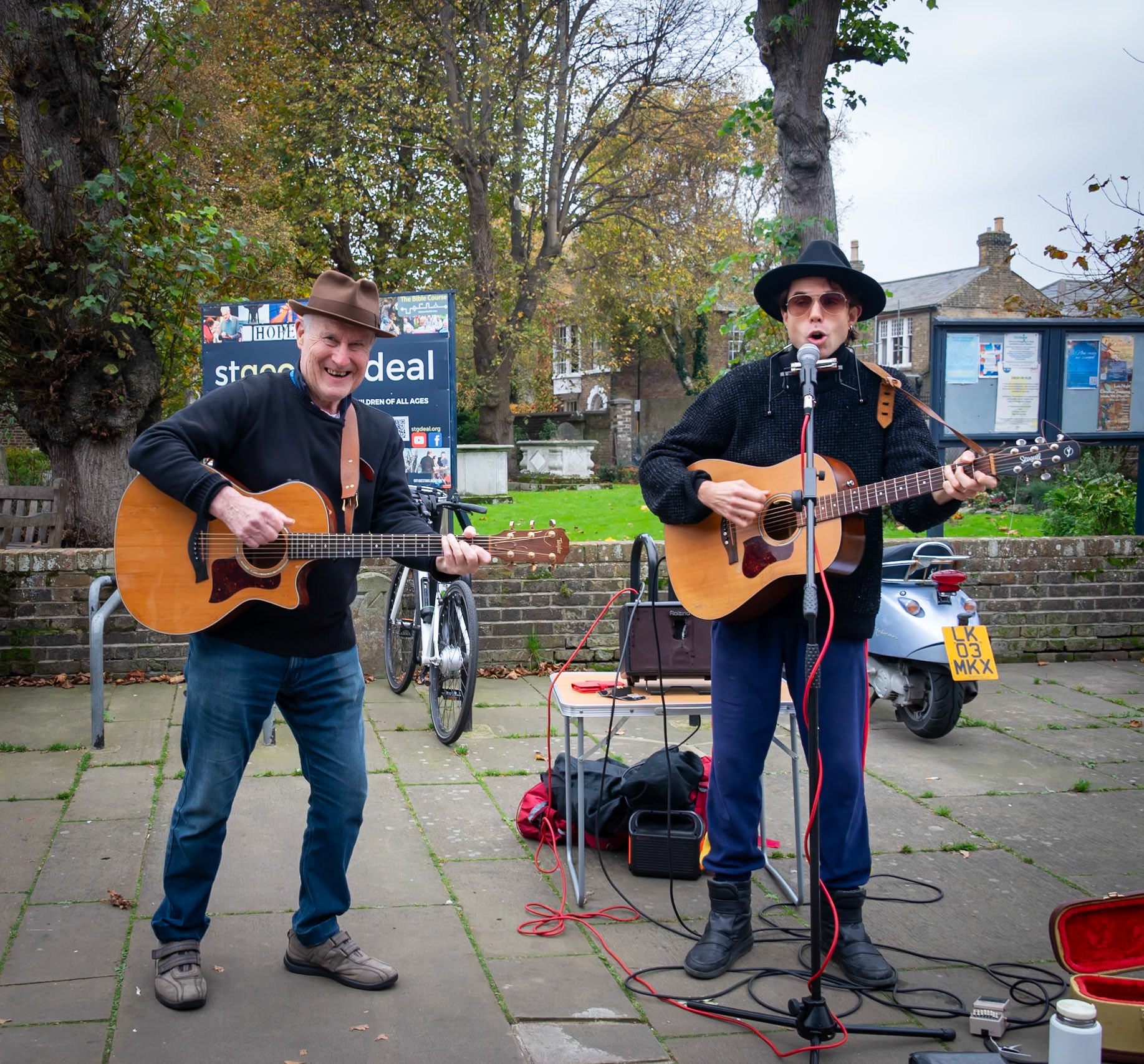 Huw jamming with local musician Callum Sutton outside St George's Church. 9th November, 2024.