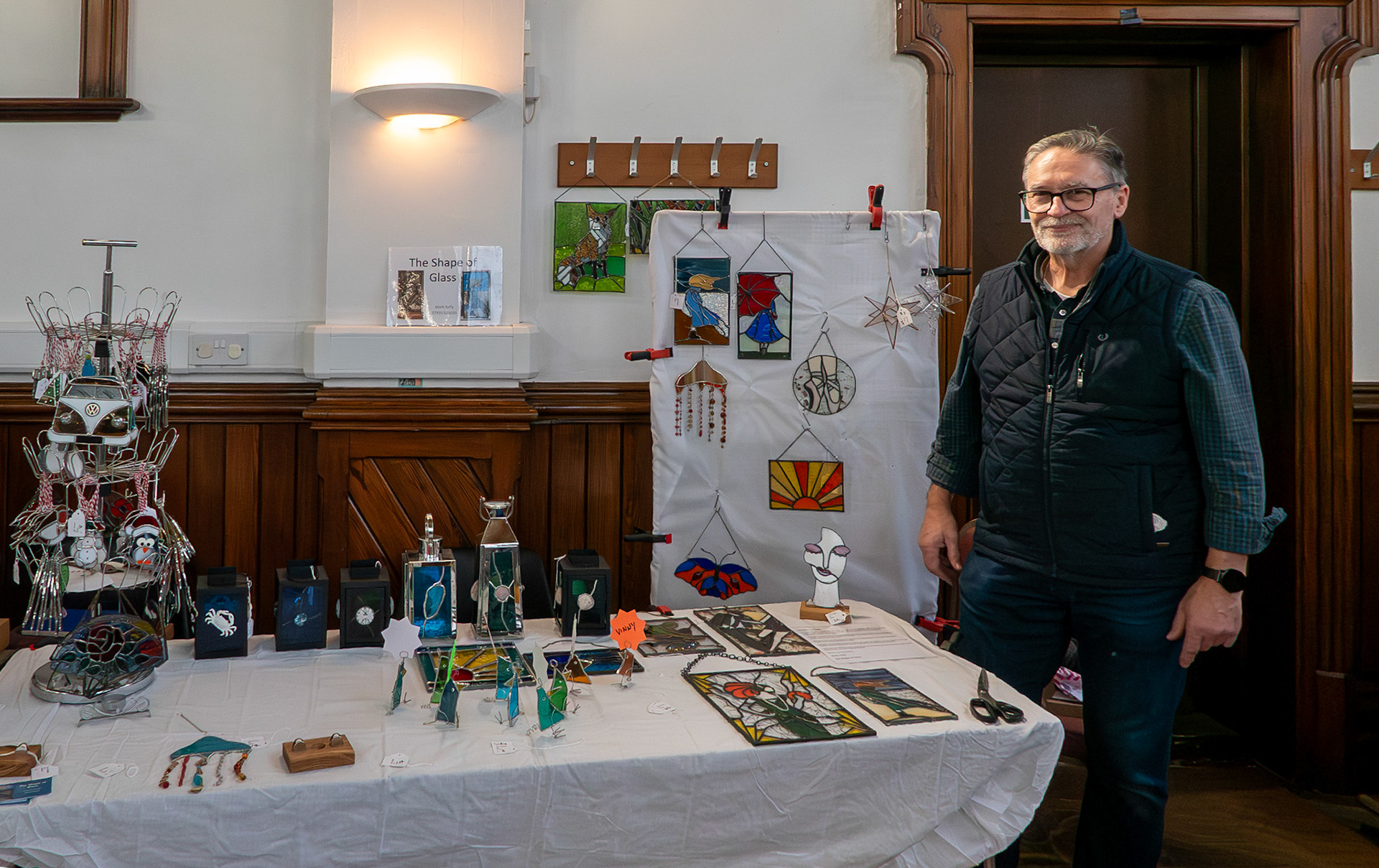 Mark Kelly, decorative glassmaker at his stall - The Shape of Glass - South East Artists (SEAS) art and craft fair, Landmark Centre, 29th November, 2025. https://searts.wordpress.com/