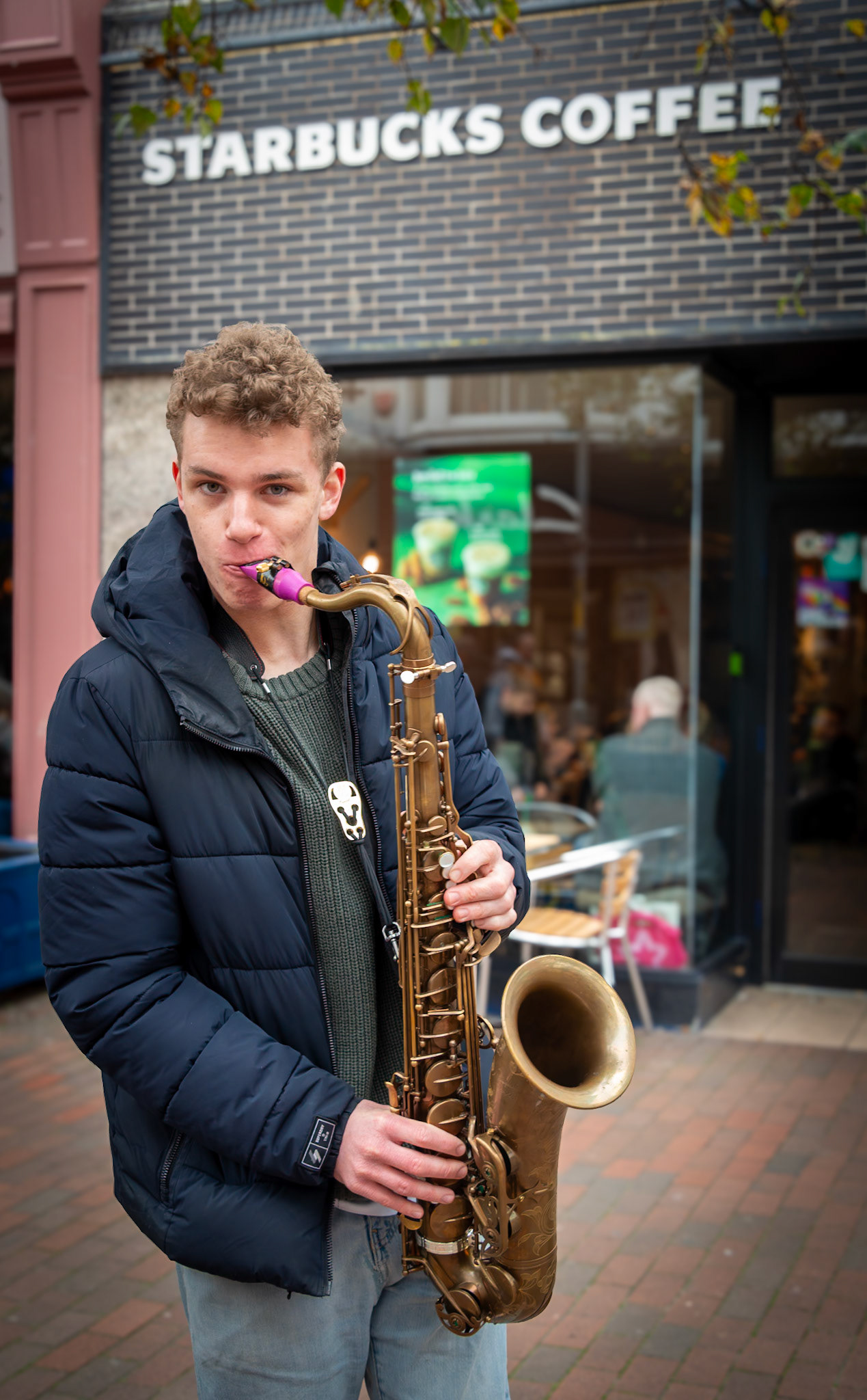 Jamie, a talented young saxophonist, busking in Deal High Street, 9th November, 2024.