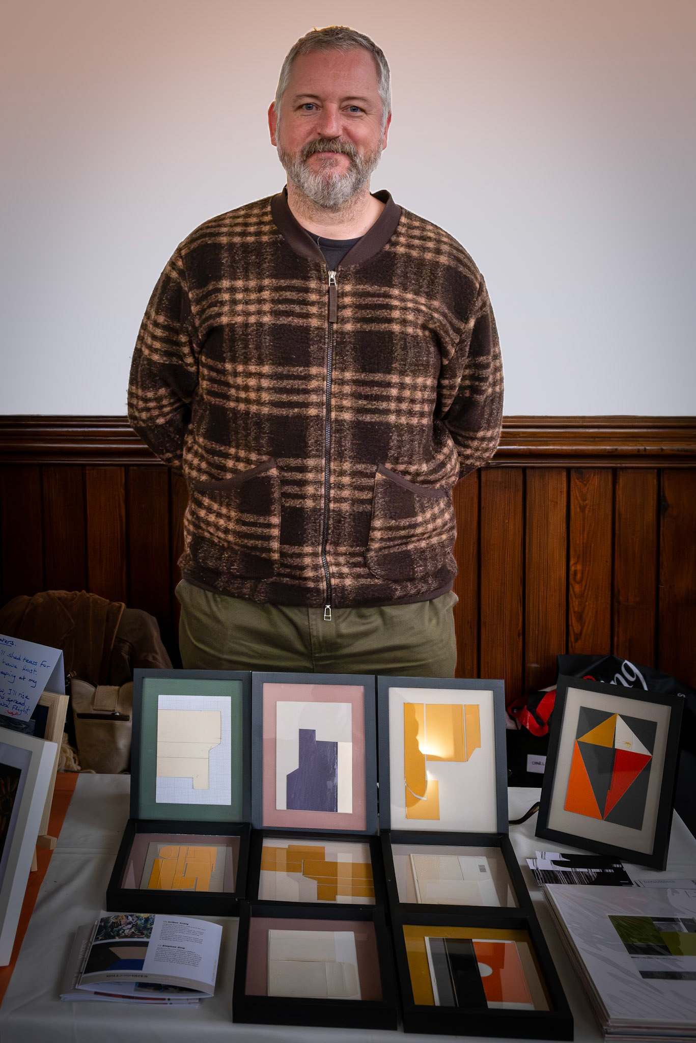 Stephen Dow showing some of his unique paper prints at the Annual Postcard Art Show, The Landmark Centre, 18th November, 2025. Stephen has a background in textile printing for mens' and womenswear collections and home acccessories merchandising for Habitat and the Conran Shop. His original monoprints are stocked and sold in the UK, EU and USA. https://linktr.ee/heraldblack 