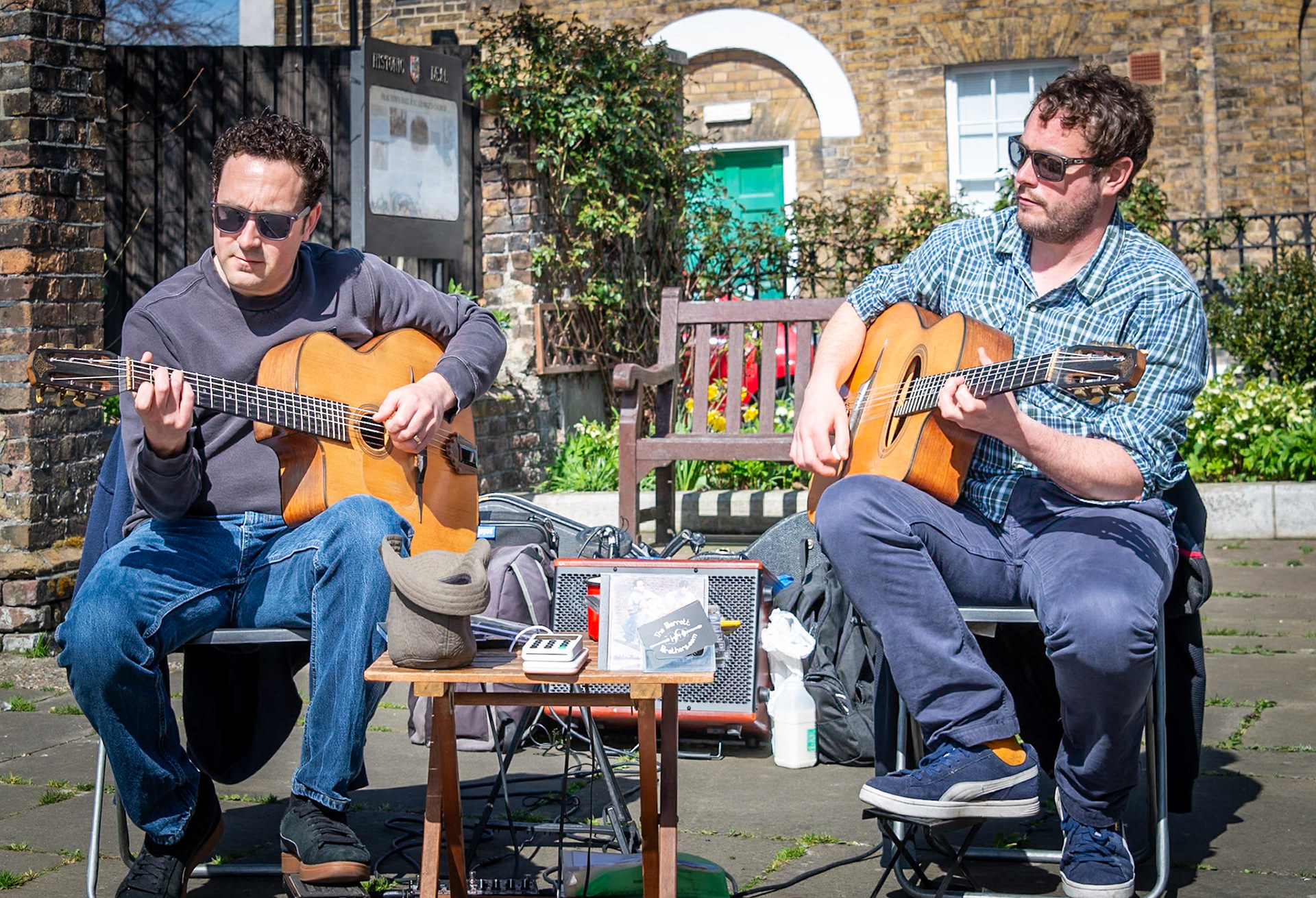 The amazing Barrett Brothers, regular performers of gypsy jazz outside St Georges Church. 29th March, 2025.