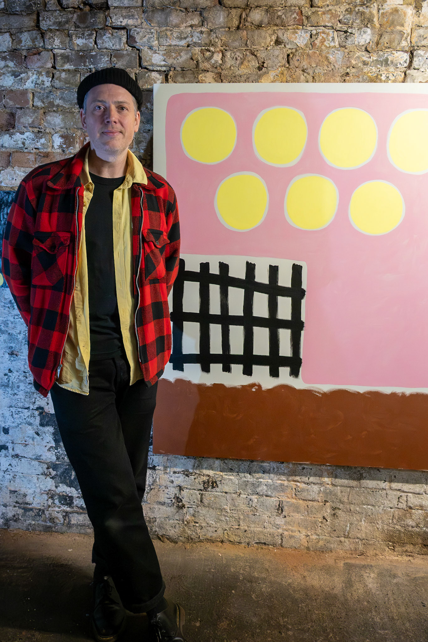 Tom Crawford, with his painting Rising Early.  Bygga Bo Hygge Pop Up Party at the Green Garage, Station Road, Walmer, 4th December, 2025. 