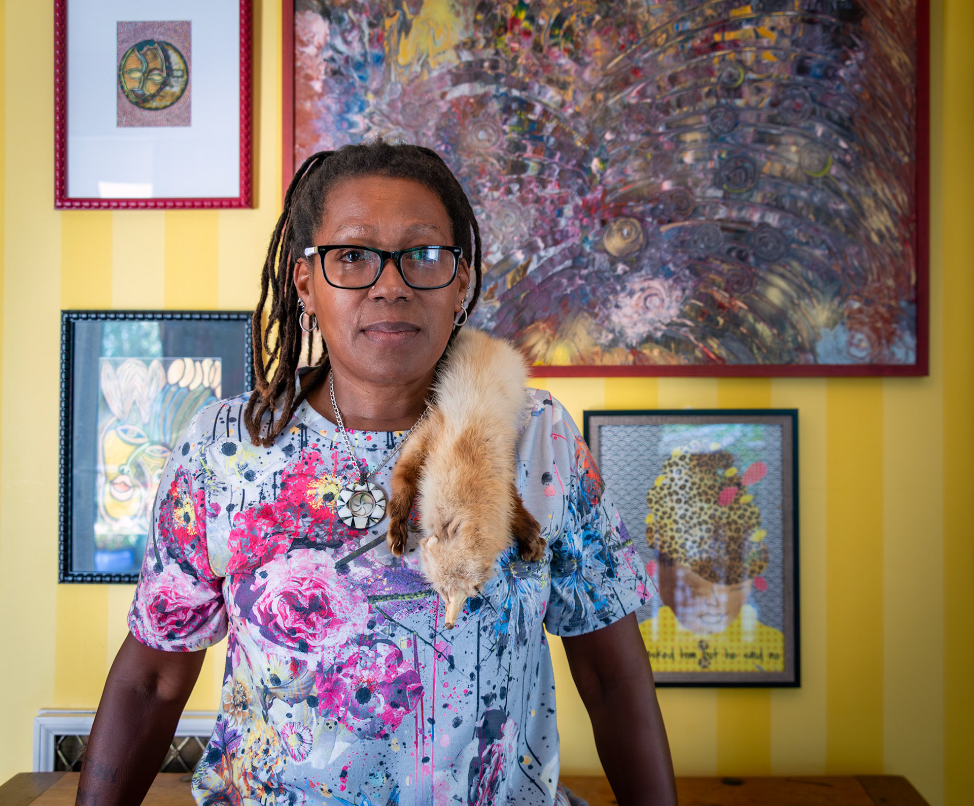 Eve Medhurst, a multimedia artist, showing some of her astonishingly clever artworks (to which my photograph fails to do justice). East Kent Artists Open Houses, 27th October, 2024.