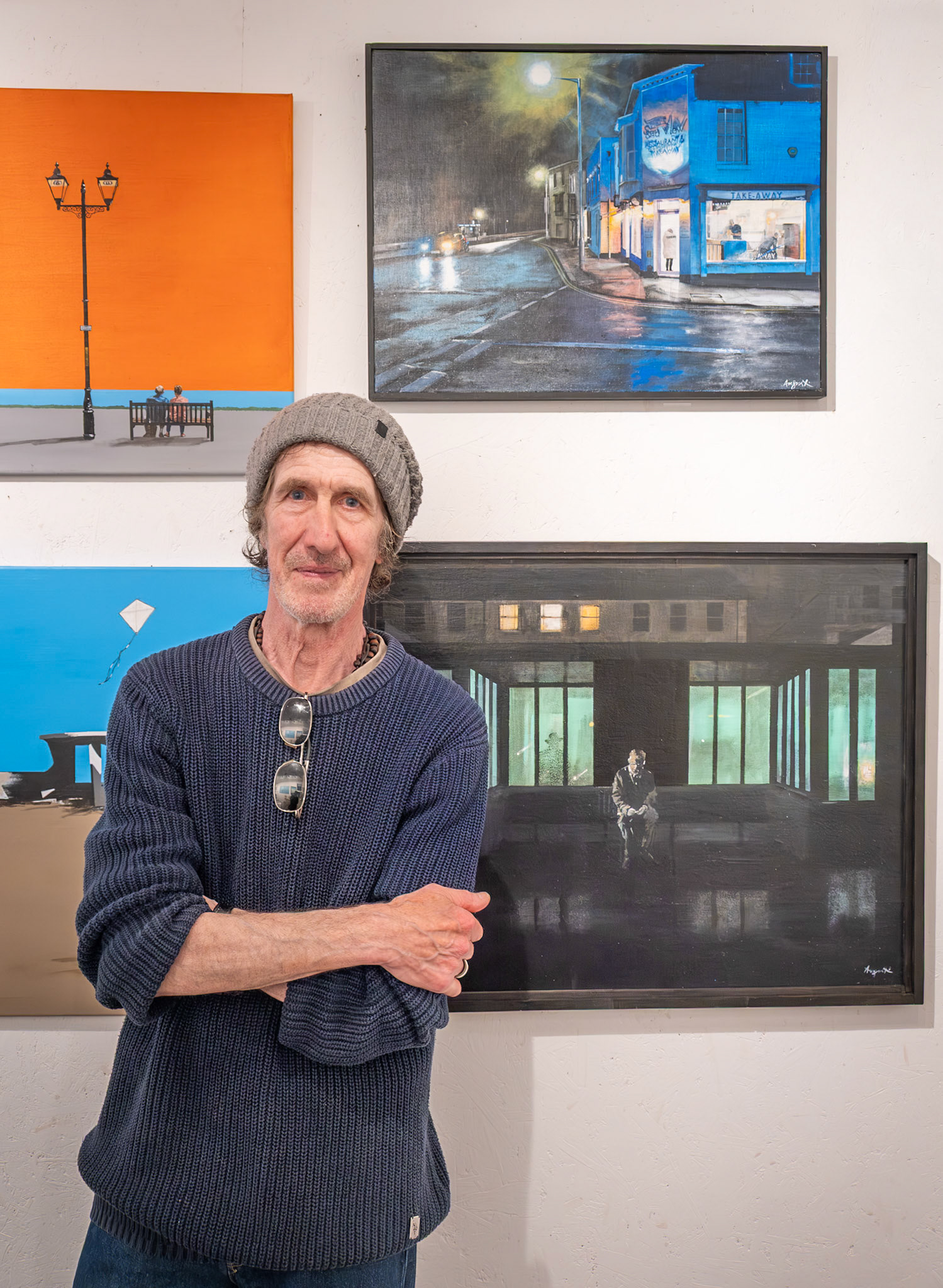 David Augustin showing some of his paintings at New Street Gallery, Private Viewing, 1st May, 2026. @framesforyou_framing I love the Edward Hopper inspired images. David is also a well known sessions musician 