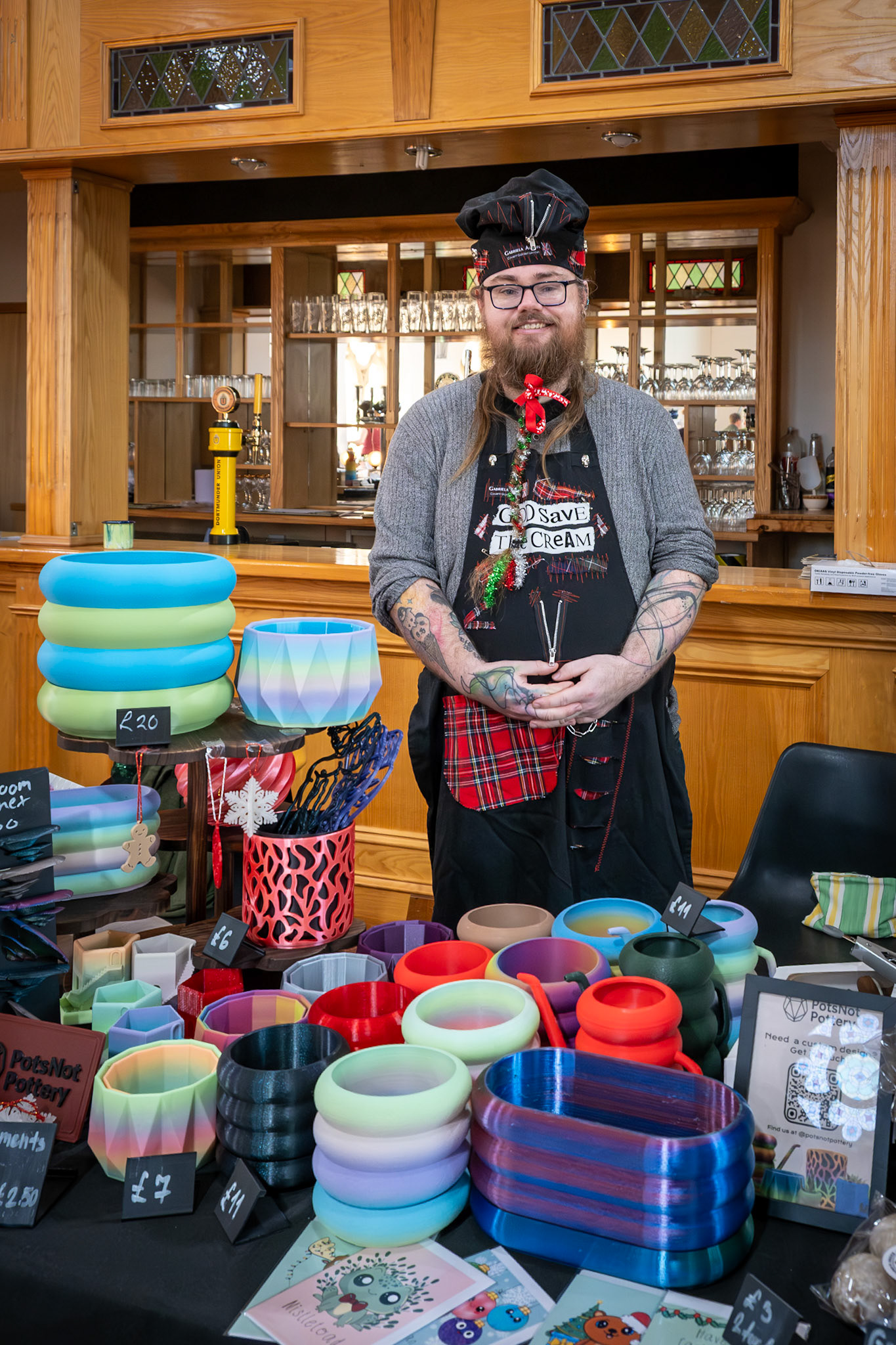 Tim, an Australian, living in Sittingbourne and showing his wares at the Makers Market, Landmark Centre, 13th December, 2025. Tim will shortly be starting work at Swale Borough Council.