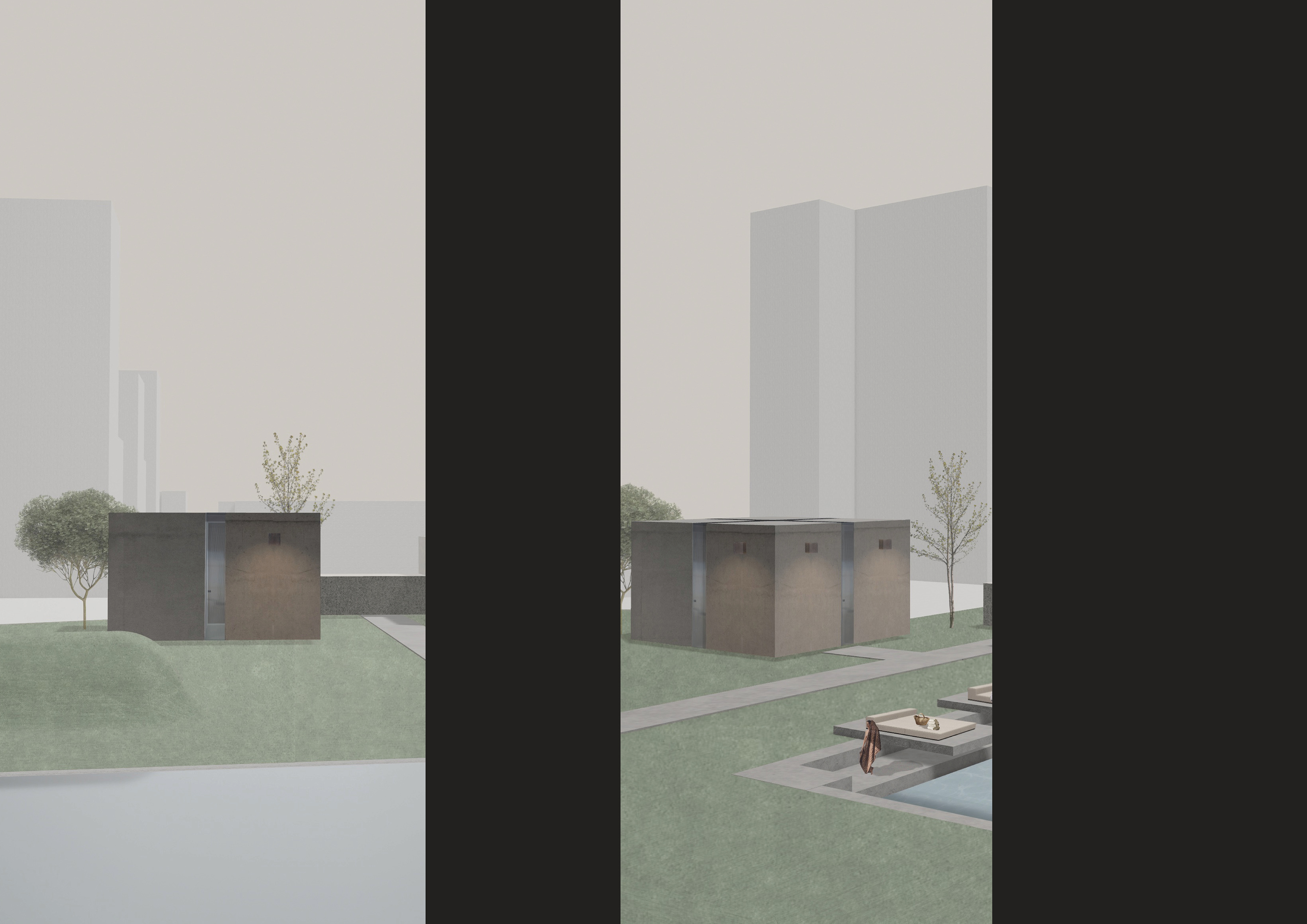PERSPECTIVE VIEW FROM SAUNA TOWARDS THE MAIN BUILDING, FOUR SENSES ROOM
