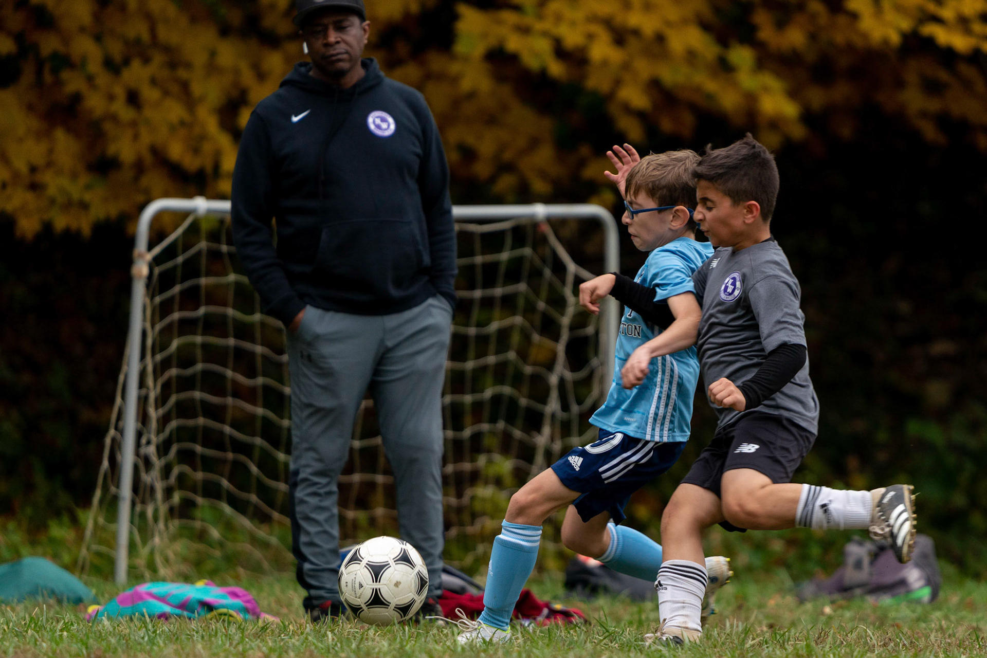 Jonah fends off the Northwest SC attacker towards the end of the second half of Mt Washington's 3-1 home victory over Northwest SC on October 23, 2022.