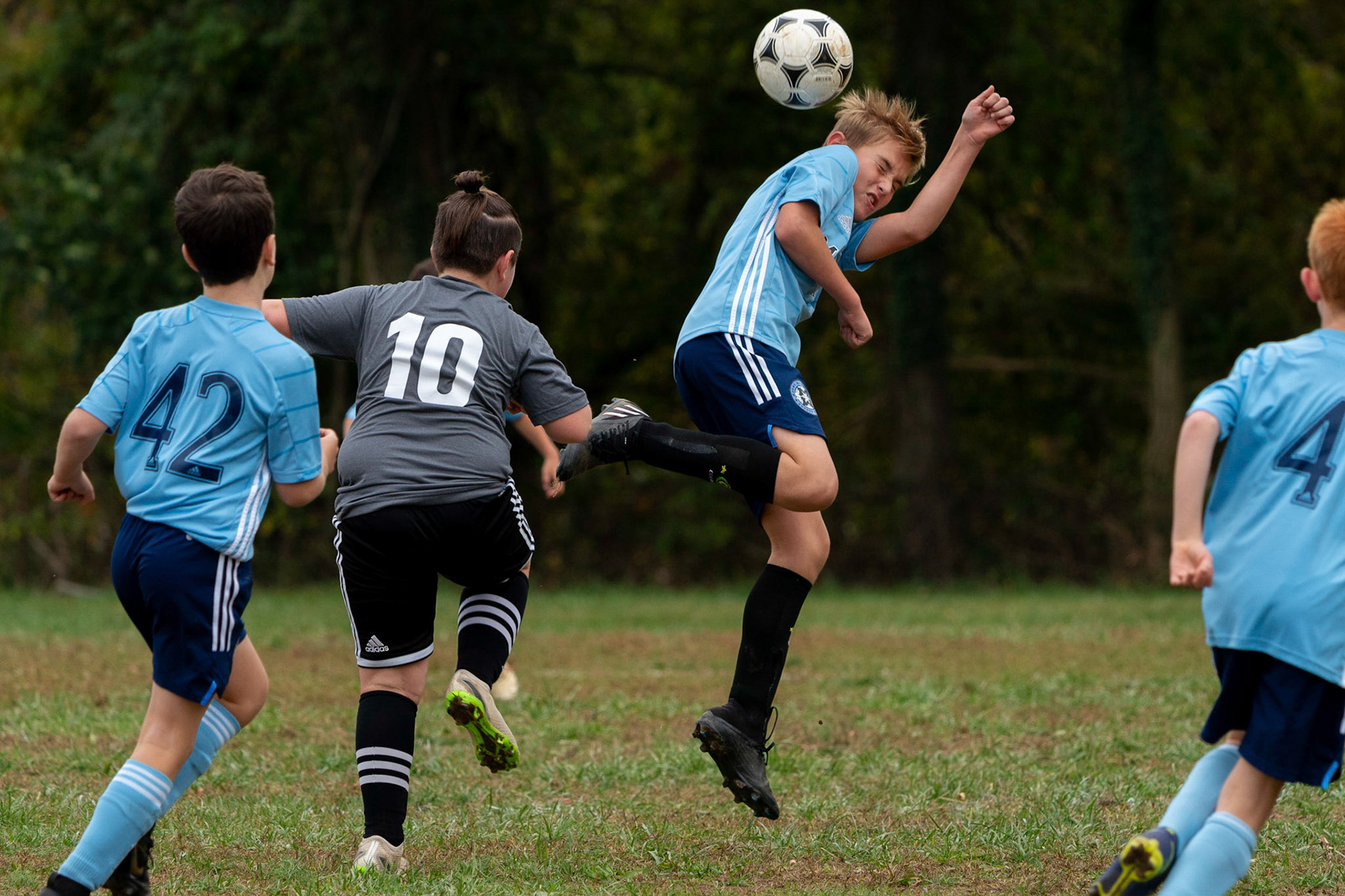 Ollie blocks Northwest SC's Liam's kick in the first half of Mt Washington's 3-1 home victory over Northwest SC on October 23, 2022.