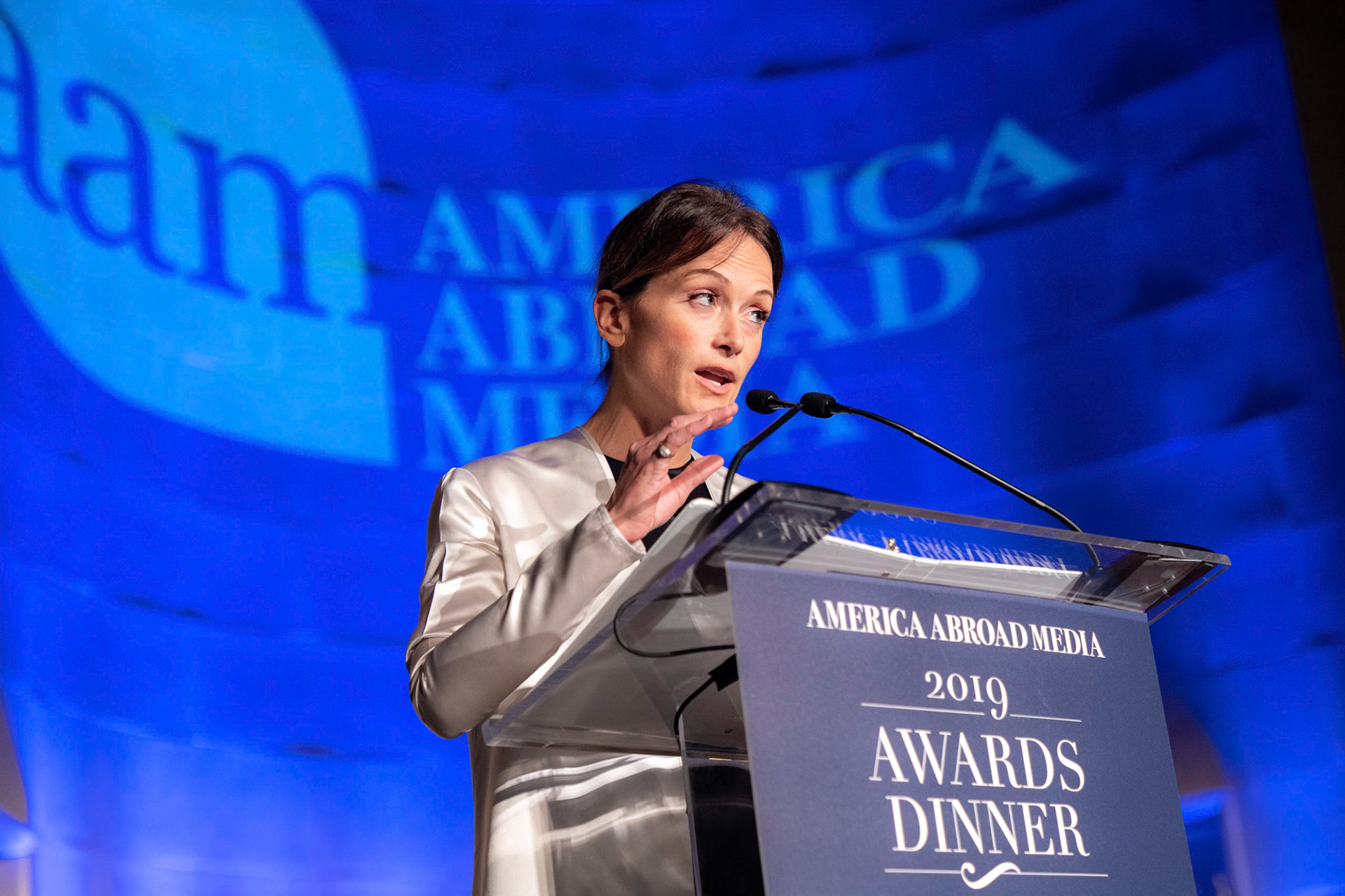 America Abroad Media (AAM) presents their annual gala awards dinner at the Andrew Mellon Auditorium in Washington D.C. on Tuesday, November 5, 2019. Honorees included Egyptian actress Yousra, Iranian activist and journalist Masih Alinejad, and film director Peter Berg.
