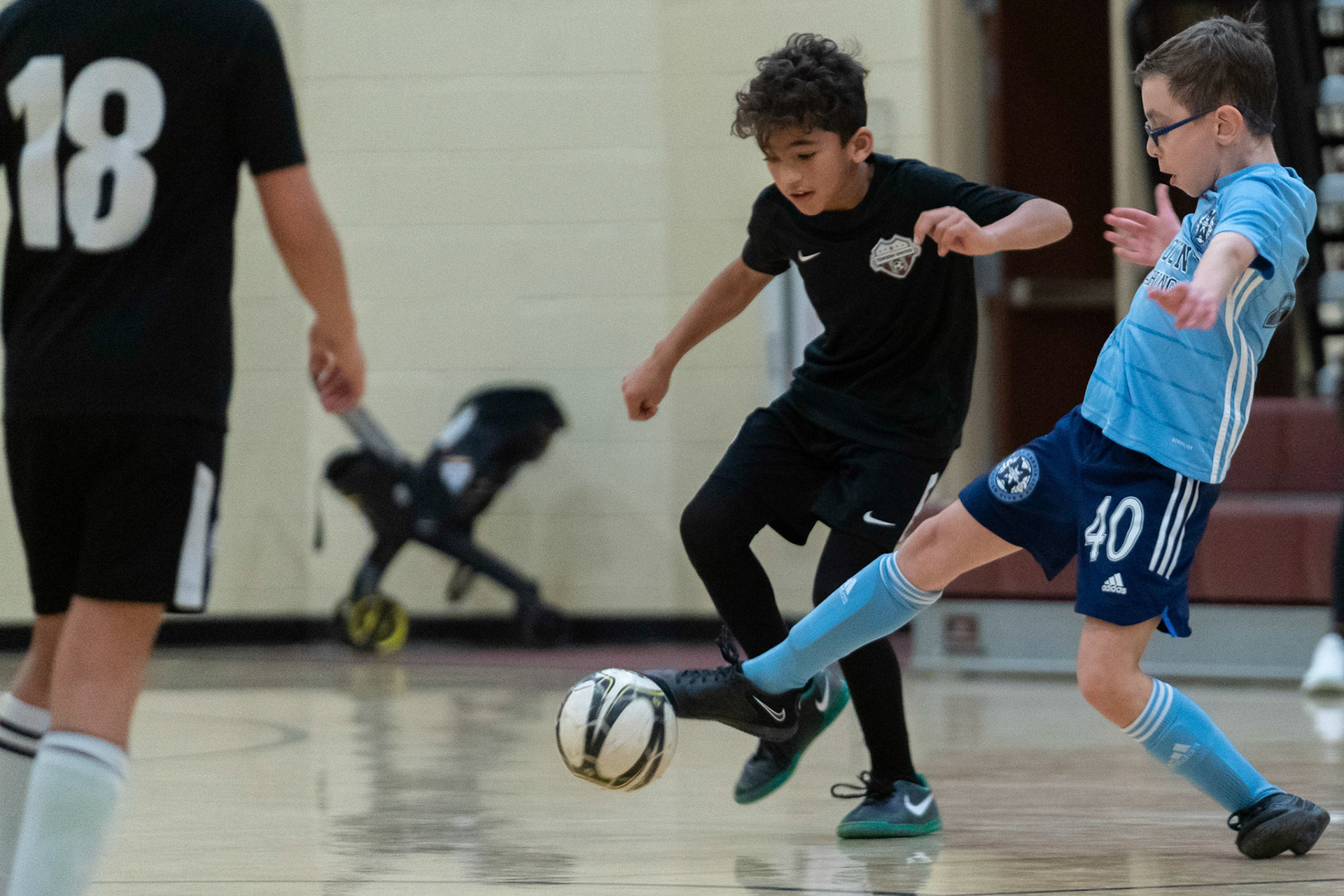 Jonah gets a pivotal toe poke in to keep the ball away from Towson in the second half of the Mt. Washington Soccer 22/23 12-5 victory over  Towson United. Each player scored.