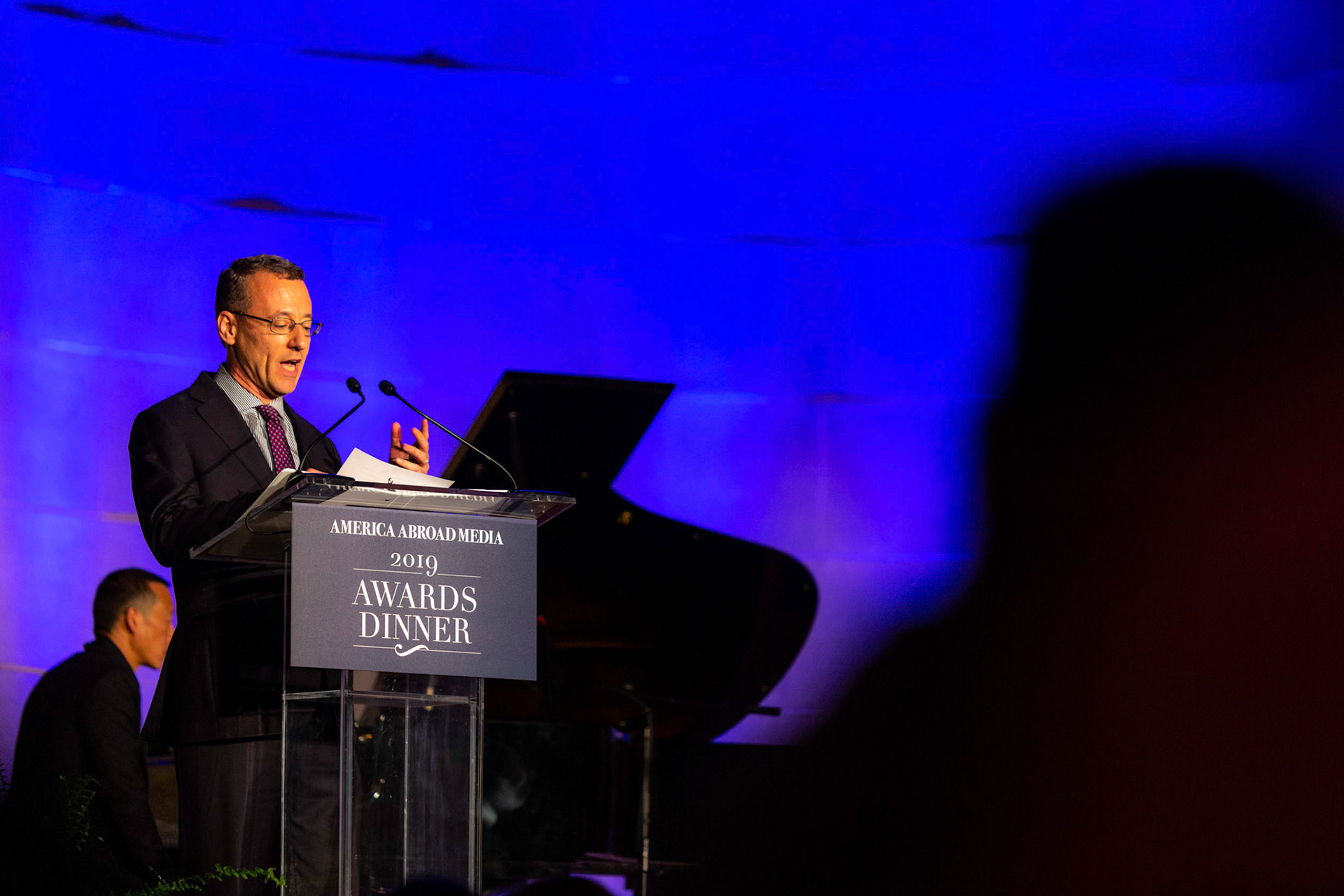 America Abroad Media (AAM) presents their annual gala awards dinner at the Andrew Mellon Auditorium in Washington D.C. on Tuesday, November 5, 2019. Honorees included Egyptian actress Yousra, Iranian activist and journalist Masih Alinejad, and film director Peter Berg.