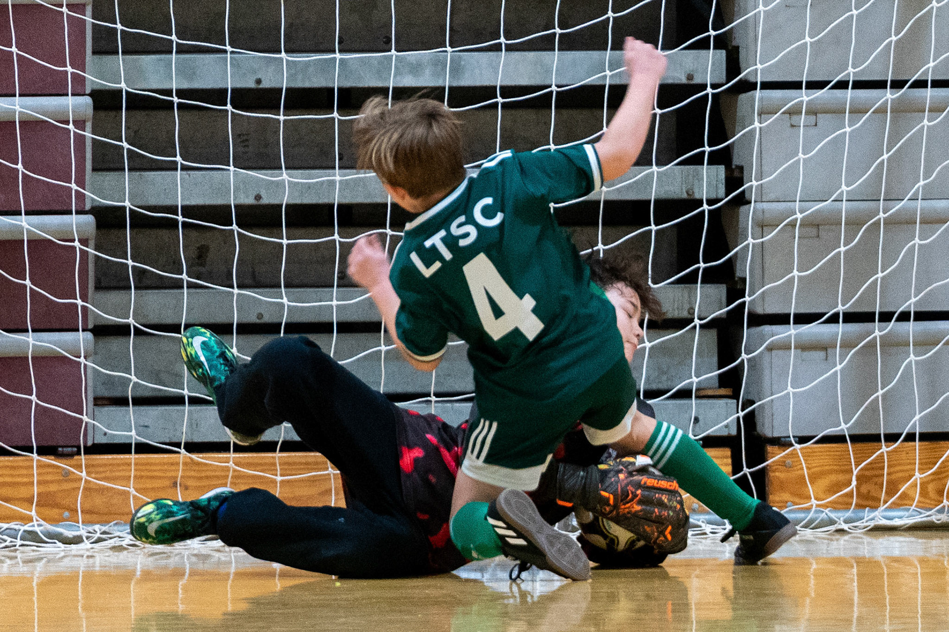 Luke makes another diving save as the attacker pressures his as MWFC defeats LTSC 8-2 on Saturday, February 4, 2023.
