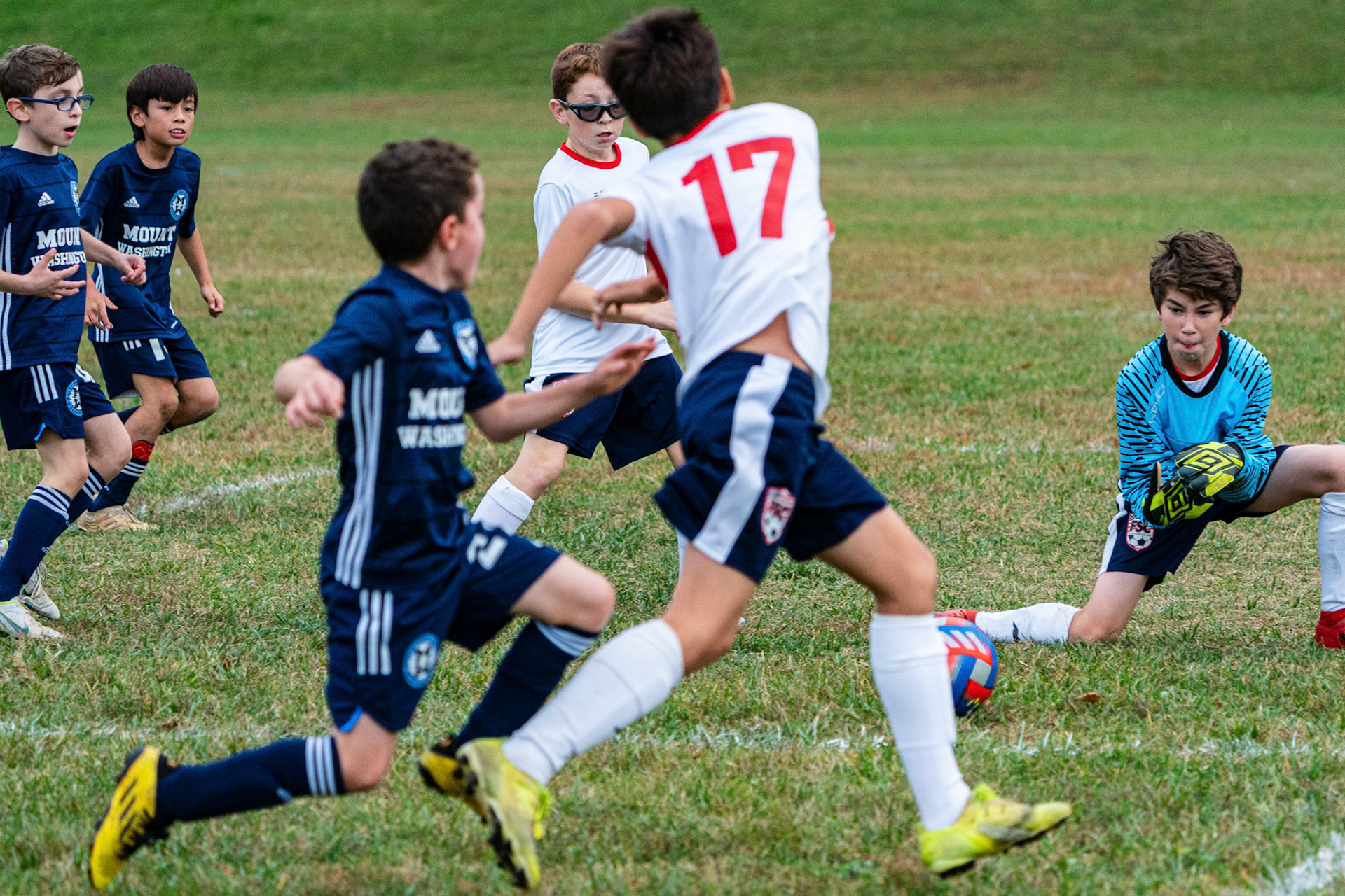 Simon watch the Freedom goalie swallow up his shot as Mt. Washington defeats Freedom SC 2-1 in their final game of fall 2022.