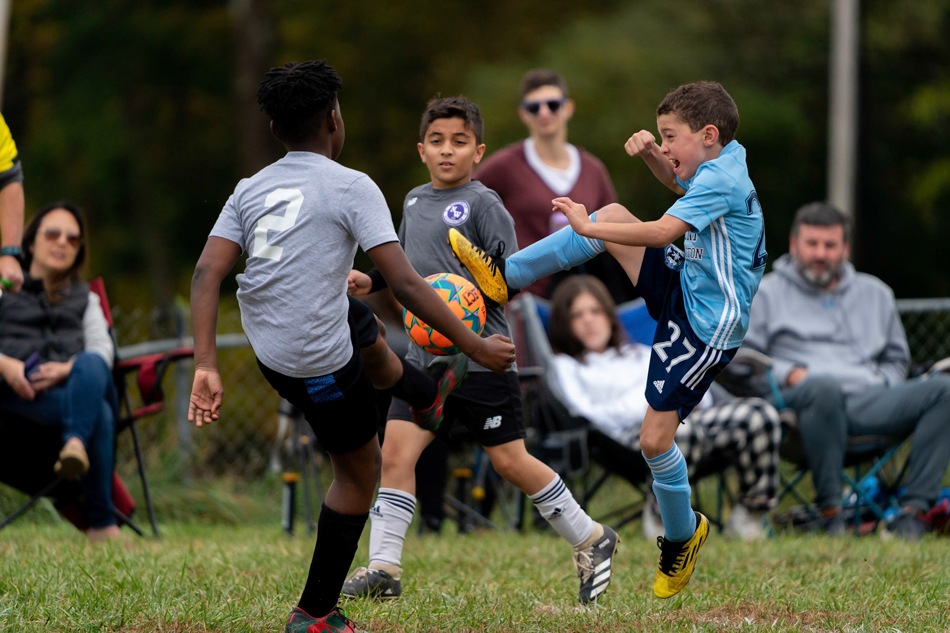 Simon , studs up, fights for the ball in the first half of Mt Washington's 3-1 home victory over Northwest SC on October 23, 2022.