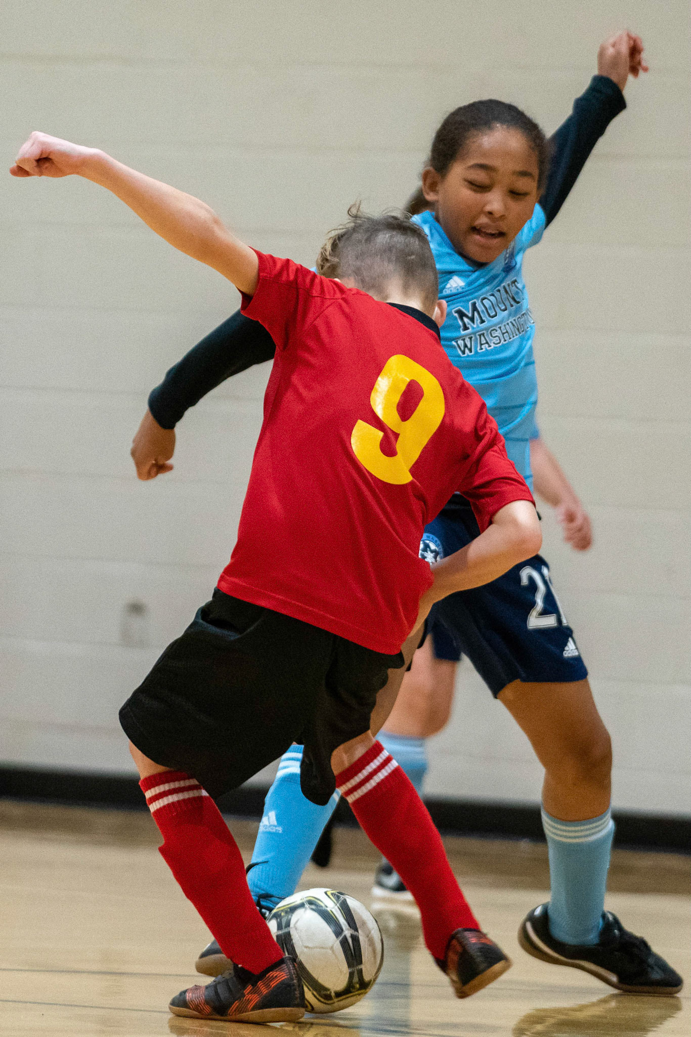 Drake defends at midcourt in the first half of the Mt. Washington Soccer 22/23 11-3 victory over  Charles Village.