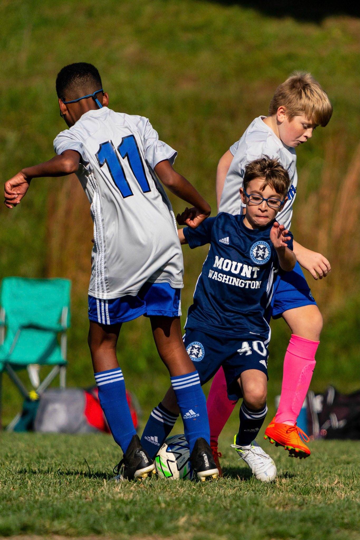 Jonah attempts to thread two defenders in Mt. Washington Boy 12 travel team’s 2-1 win over the Baltimore Bays on October 8, 2022.