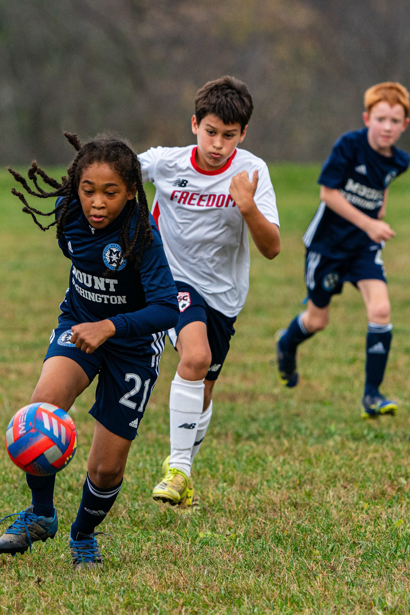 Drake out hustles the Freedom defense as Mt. Washington defeats Freedom SC 2-1 in their final game of fall 2022.