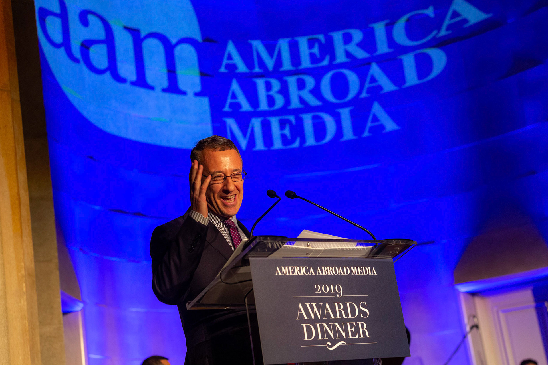 America Abroad Media (AAM) presents their annual gala awards dinner at the Andrew Mellon Auditorium in Washington D.C. on Tuesday, November 5, 2019. Honorees included Egyptian actress Yousra, Iranian activist and journalist Masih Alinejad, and film director Peter Berg.