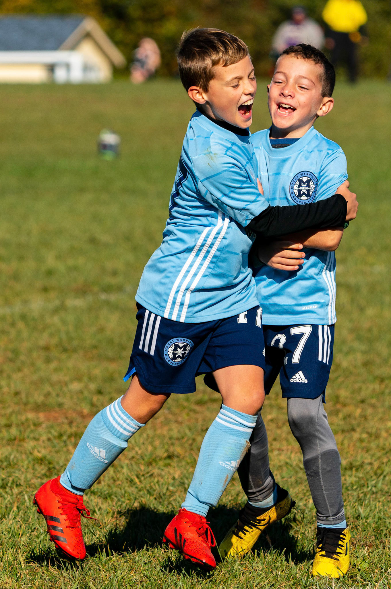 Nico and Simon celebrate the first goal in the Mt. Washington Boy 12 travel team tournament 3-1 win over the Jefferson County Youth Soccer League on October 8, 2022.