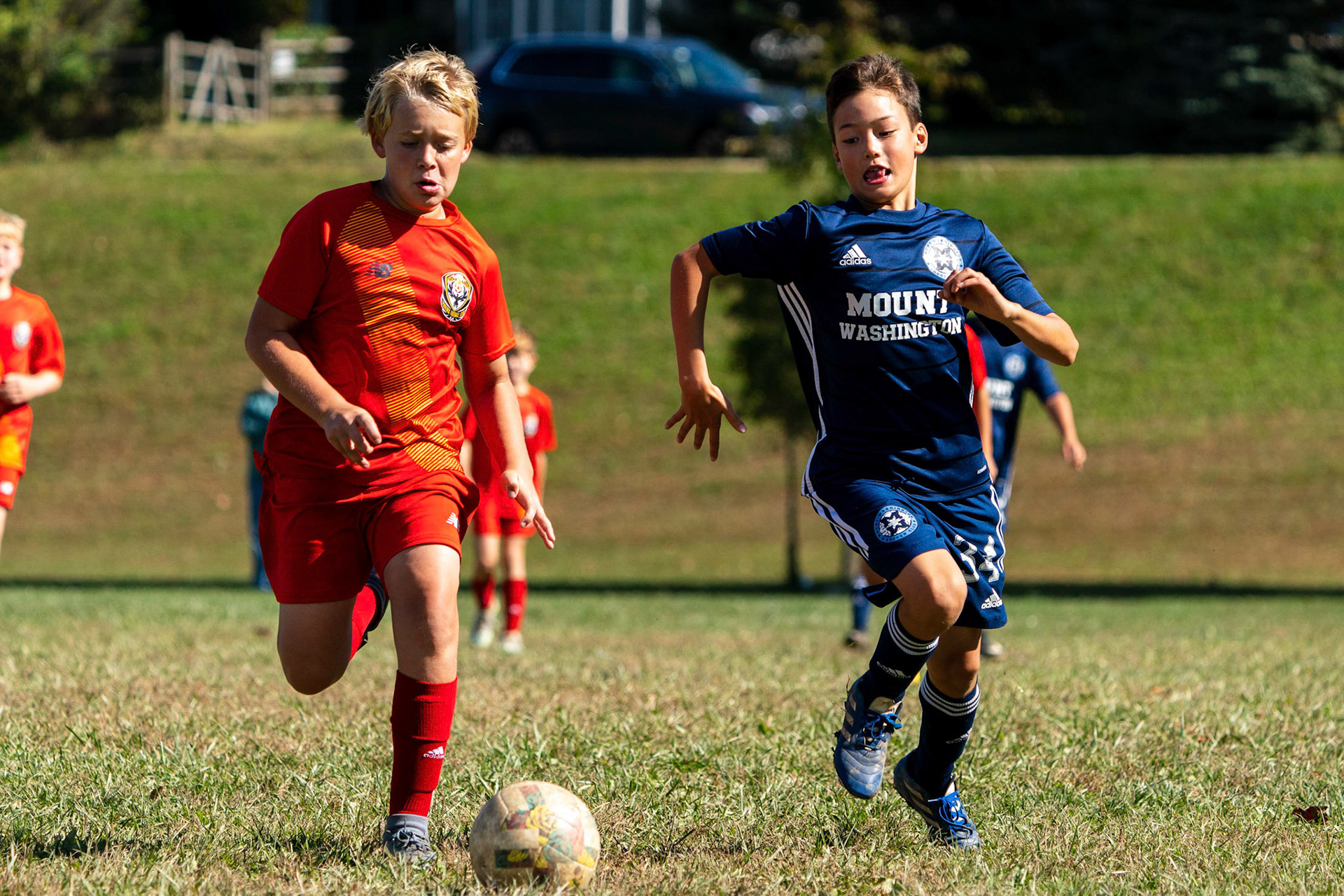 Luke goes shoulder to shoulder with a Phoenix FC player, beating him to the ball to score the Mt. Washington’s lone goal of the game. Mt. Washington Boy 12 travel team plays away at Phoenix FC Sunday, October 16, 2022.