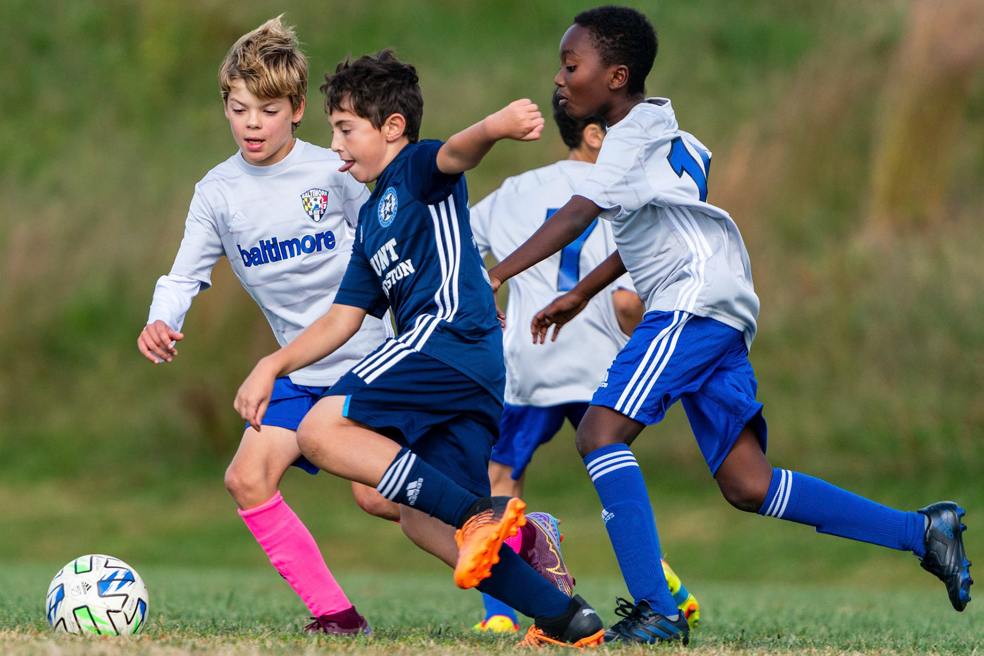 Noah, tongue out as most of his teammates are wont to do, heads upfield in Mt. Washington Boy 12 travel team’s 2-1 win over the Baltimore Bays on October 8, 2022.