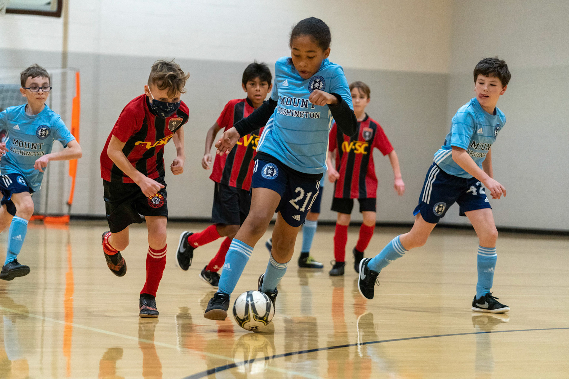 Drake heads to goal in the first half of the Mt. Washington Soccer 22/23 11-3 victory over  Charles Village.