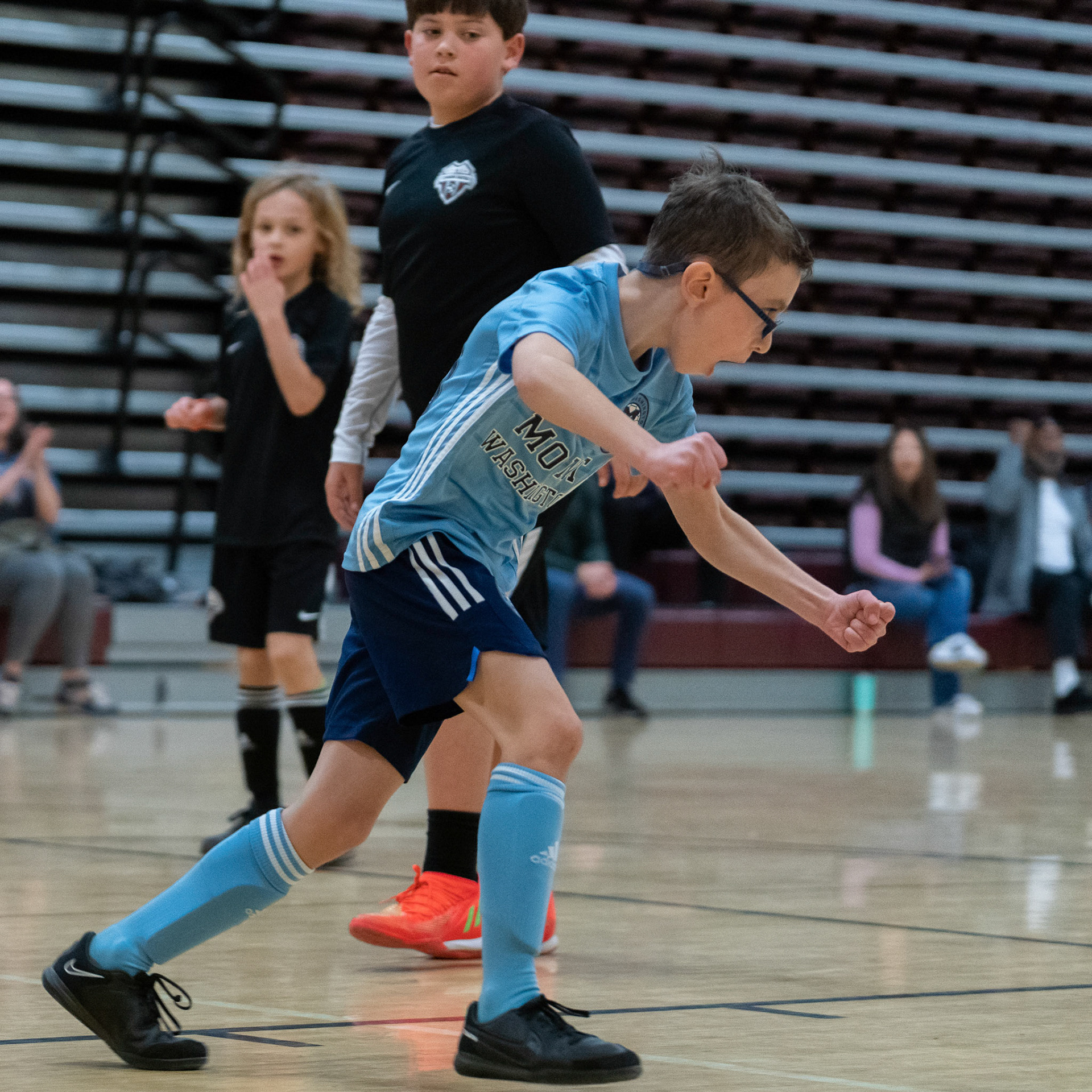 Jonah reacts to scoring in the first half of the Mt. Washington Soccer 22/23 12-5 victory over  Towson United. Each player scored.