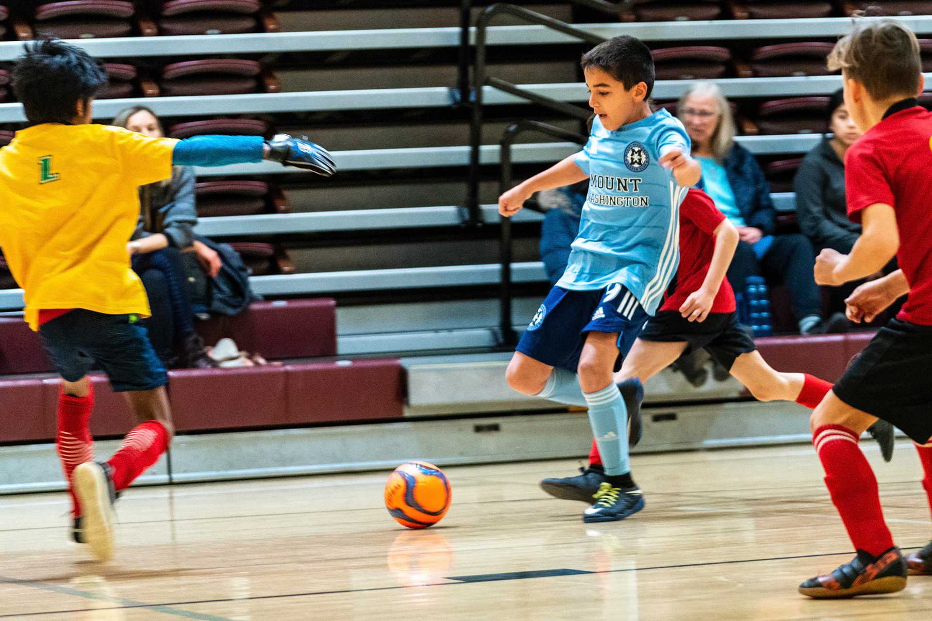 Caleb takes a shot on goal in the first half as Mt Washington defeats Charles Village Black 11-3 on Saturday, February 18, 2023.
