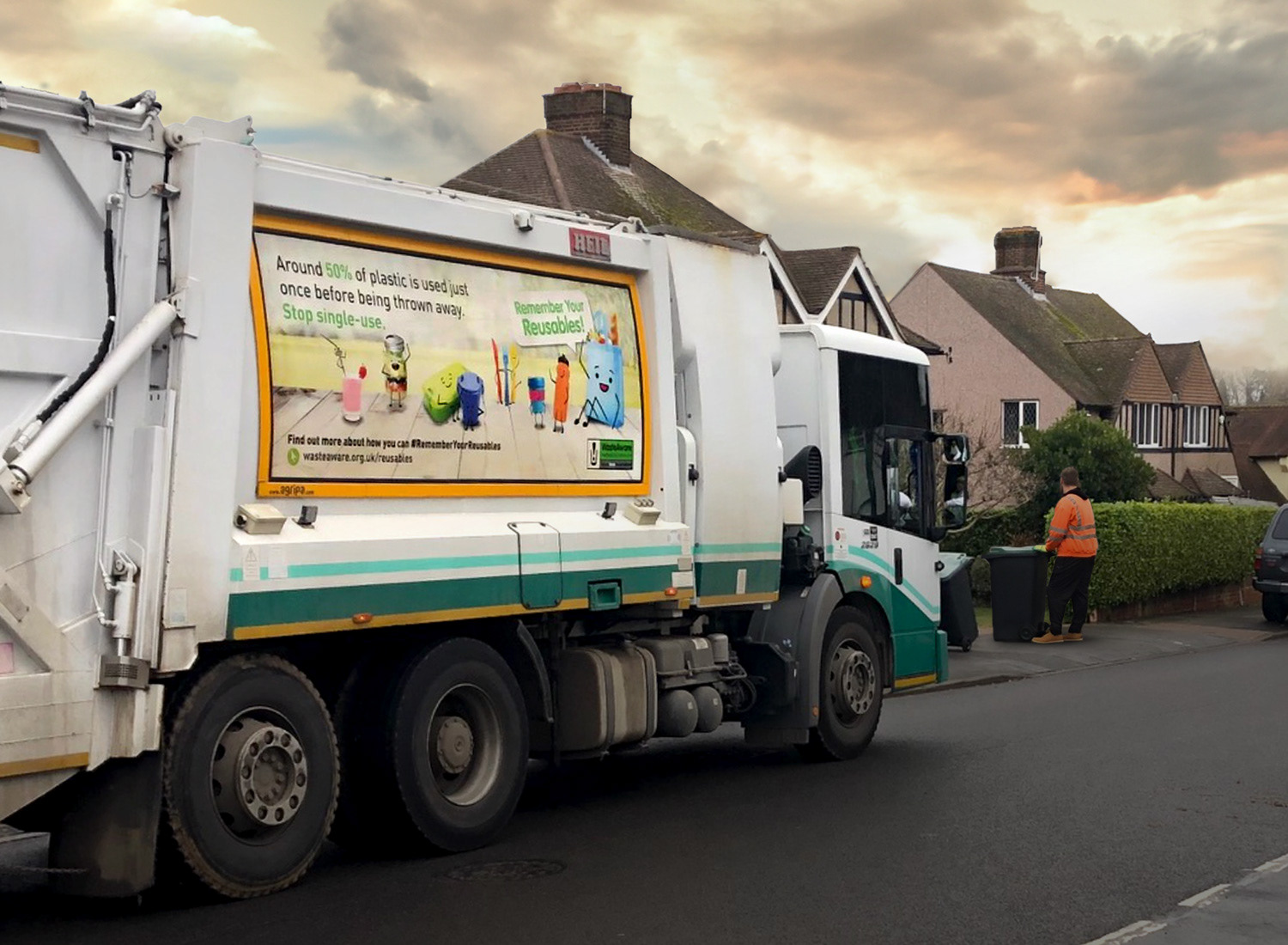 bin lorry with recycling poster