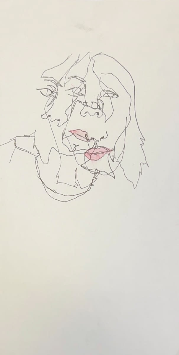 Multiple overlapping faces drawn in black lines with pink lips, centered and slightly above the middle of the white background.