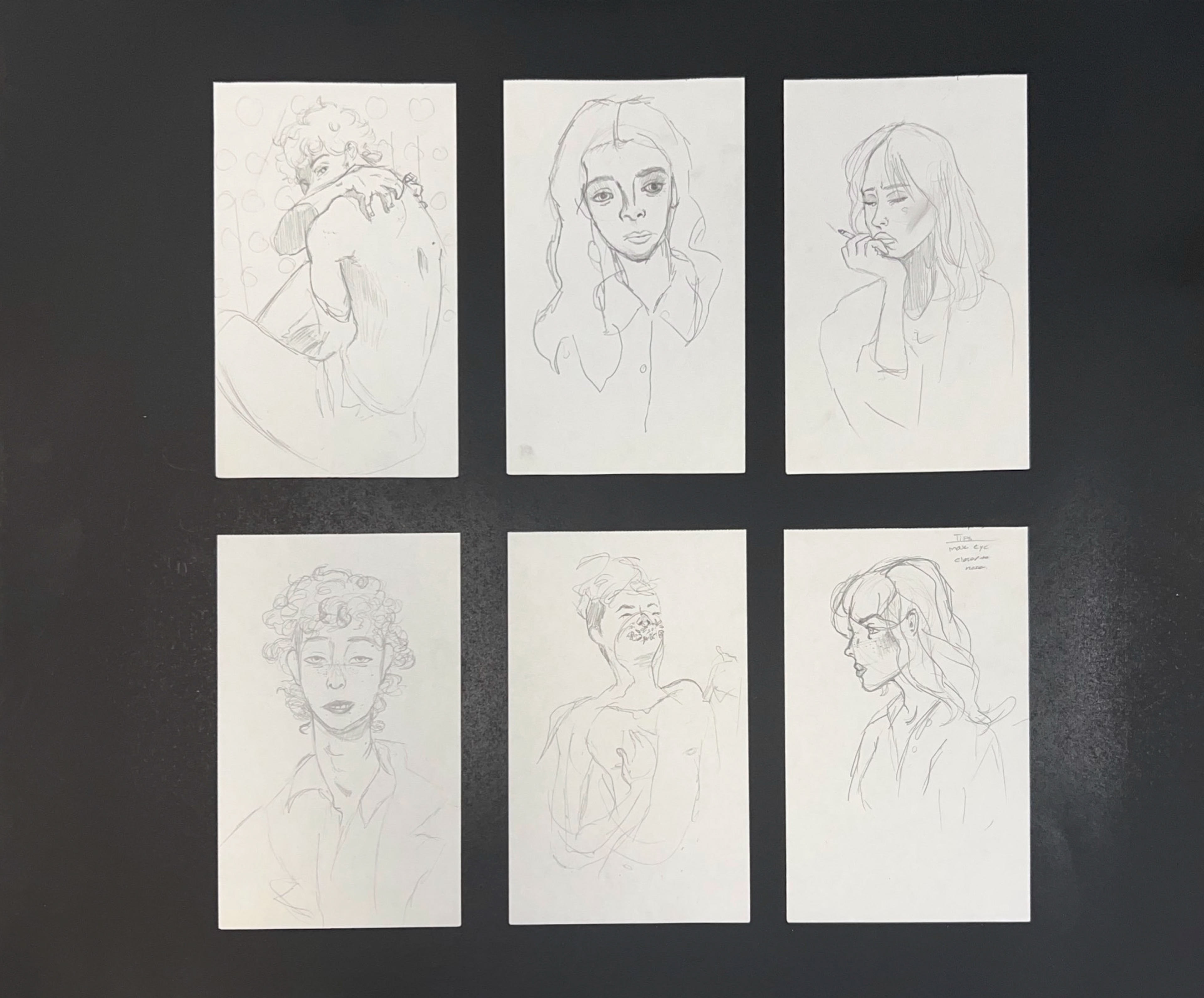 Six black and white portraits of people in various positions.