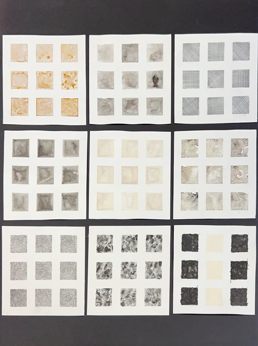 Nine white squares positioned in a 3 by 3 grid over a black background. Each square contains nine more squares arranged in a 3 by 3 grid in various colors of orange, beige, gray, and black.