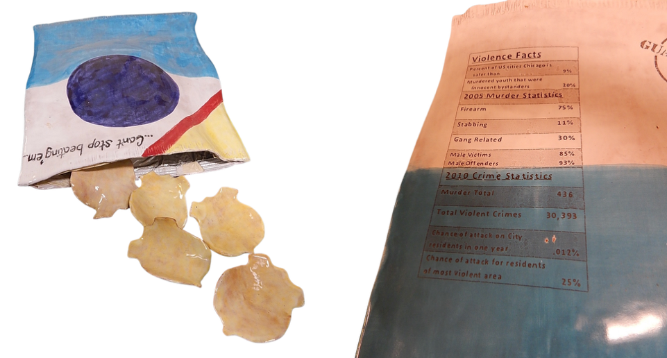 Two views of a ceramic artwork resembling a potato chip bag with ceramic chips spilling out that are shaped like police badges. The front of the bag is white, blue, yellow, and red with a slogan in the top corner that says "...can't stop beating 'em." The back of the bag is blue and white and has a list of nutrition facts that been replaced by violence statistics