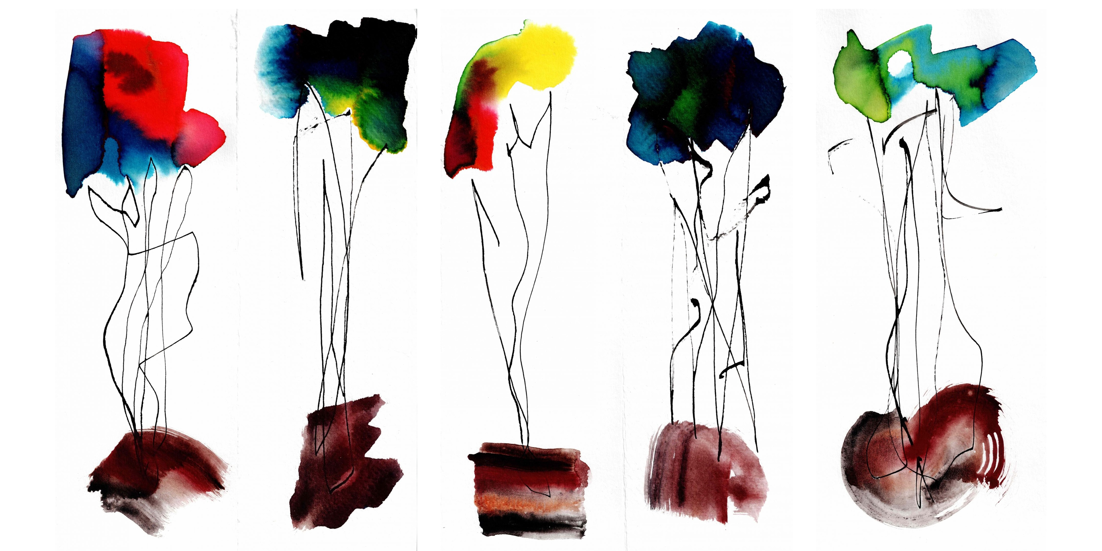 Five side-by-side compositions including a brown and black smudge on the bottom and a multi-colored smudge on the top, connected by squiggly black lines. The top smudges are in blue, red, green, and yellow colors.